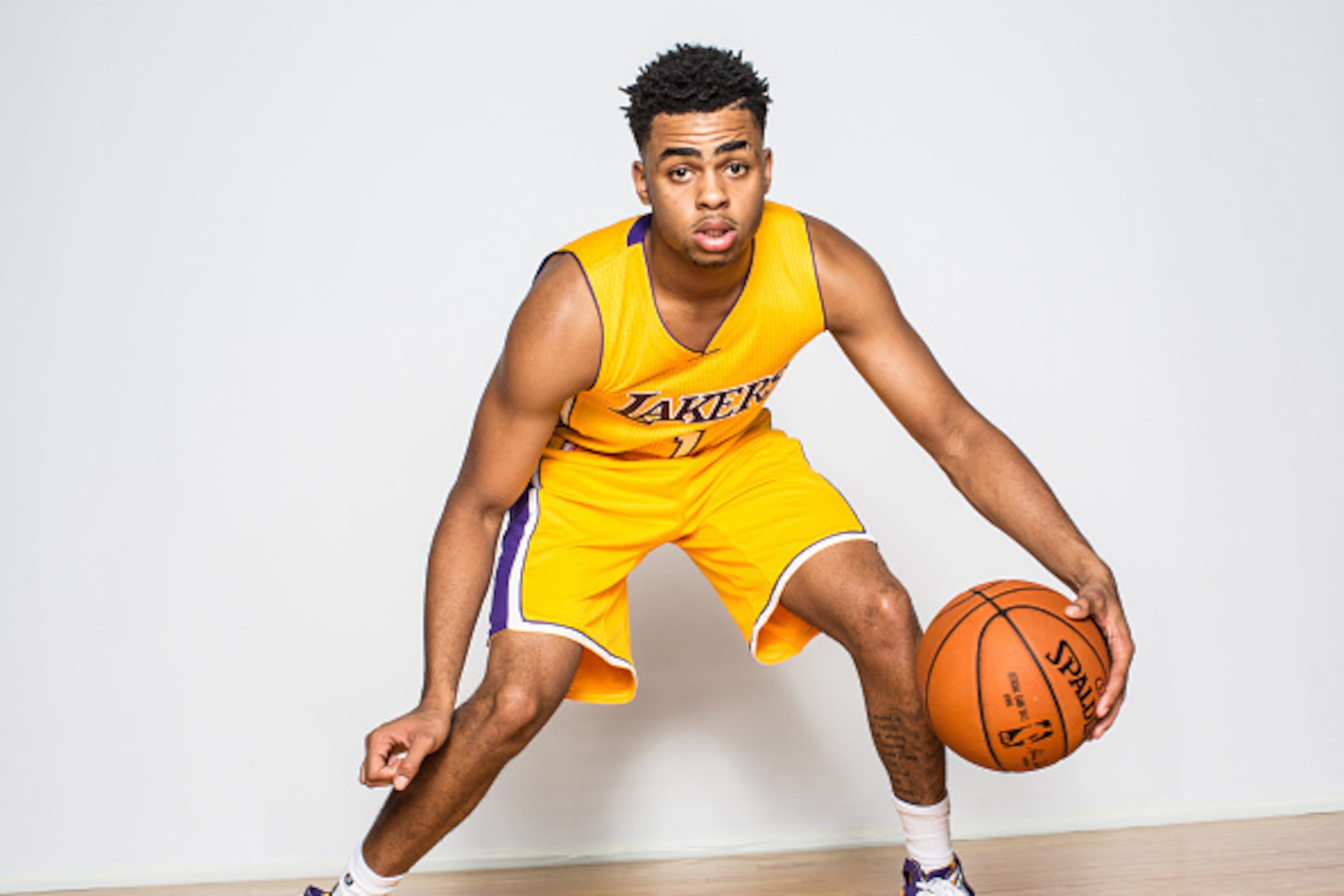 TARRYTOWN, NY - AUGUST 08:  D'Angelo Russell #1 of the Los Angeles Lakers poses for a portrait during the 2015 NBA rookie photo shoot on August 8, 2015 at the Madison Square Garden Training Facility in Tarrytown, New York. NOTE TO USER: User expressly ack