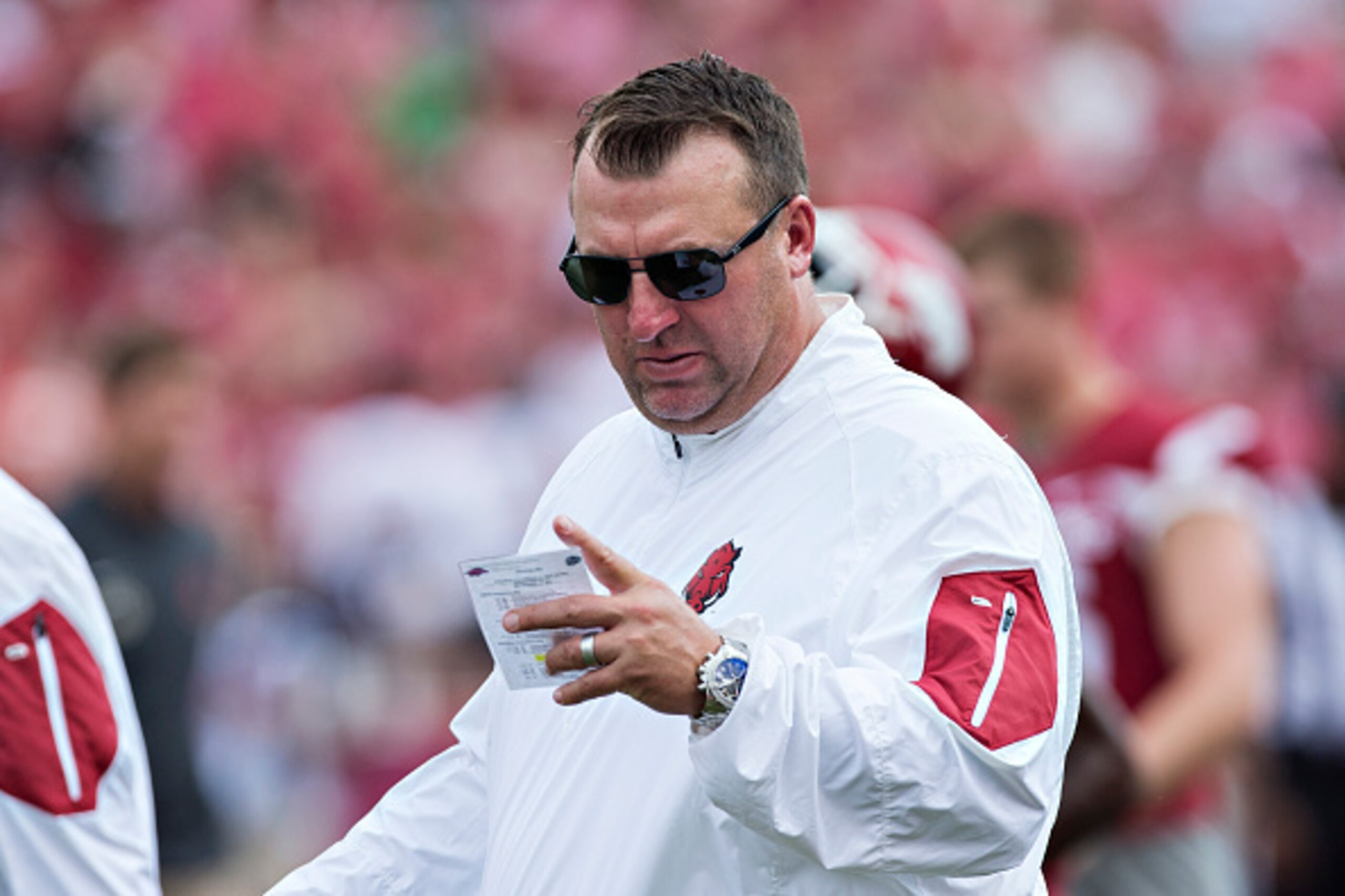 FAYETTEVILLE, AR - SEPTEMBER 5:  Head Coach Bret Bielema of the Arkansas Razorbacks on the field before a game against the UTEP Miners at Razorback Stadium on September 5, 2015 in Fayetteville, Arkansas.  The Razorbacks defeated the Miners 48-13.  (Photo 