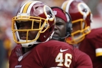 Sep 20, 2015; Landover, MD, USA; Washington Redskins running back Alfred Morris (46) looks on from the sidelines against the St. Louis Rams in the third quarter at FedEx Field. The Redskins won 24-10. Mandatory Credit: Geoff Burke-USA TODAY Sports