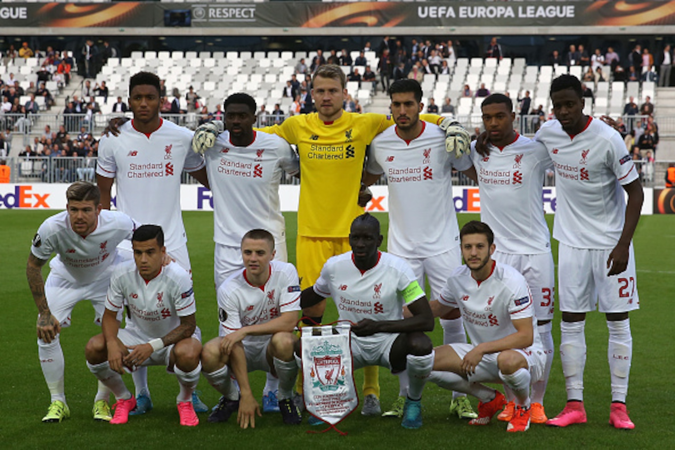 BORDEAUX, FRANCE - SEPTEMBER 17: (L-R) Joe Gomez, Kolo Toure, Simon Mignolet, Emre Can, Jordon Ibe, Divock Origi, Alberto Moreno, Philippe Coutinho, Jordan Rossiter, Mamadou Sakho and Adam Lallana for Liverpool FC before the Europa League game between FC 
