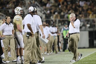 ORLANDO, FL - SEPTEMBER 19:  Head coach George O'Leary of the UCF Knights reacts during an NCAA football game between the Furman Paladins and the UCF Knights at Bright House Networks Stadium on September 19, 2015 in Orlando, Florida. Furman won the game b