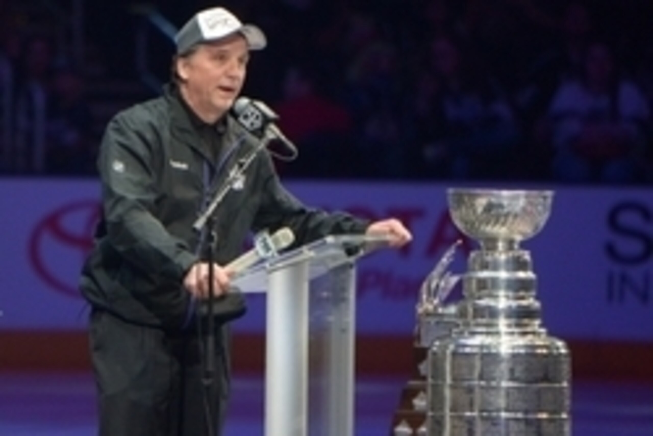 Jun 16, 2014; Los Angeles, CA, USA; Los Angeles Kings general manager Dean Lombardi speaks a rally to celebrate winning the 2014 Stanley Cup at Staples Center. Mandatory Credit: Kirby Lee-USA TODAY Sports