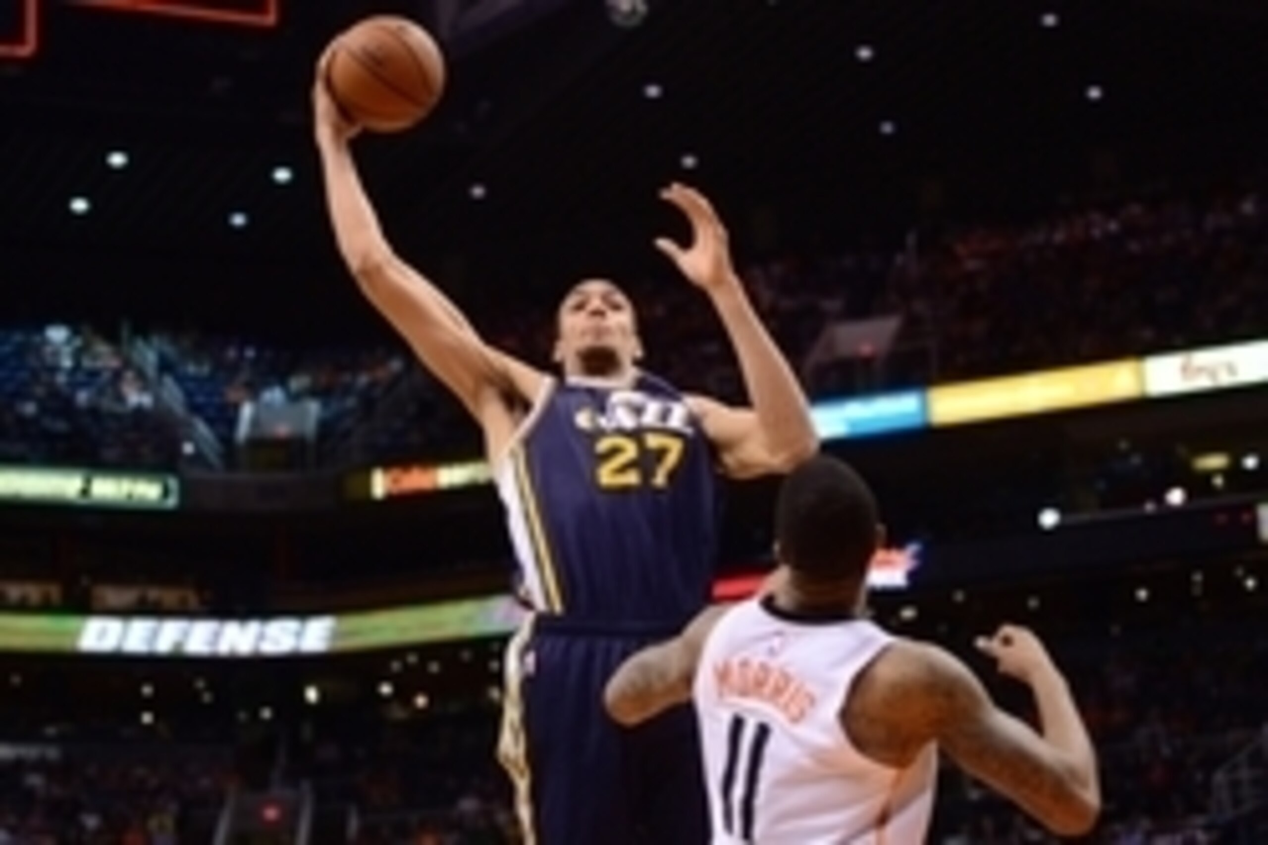 Apr 4, 2015; Phoenix, AZ, USA; Utah Jazz center Rudy Gobert (27) grabs a rebound against the Phoenix Suns during the second half at US Airways Center. The Suns won 87-85. Mandatory Credit: Joe Camporeale-USA TODAY Sports