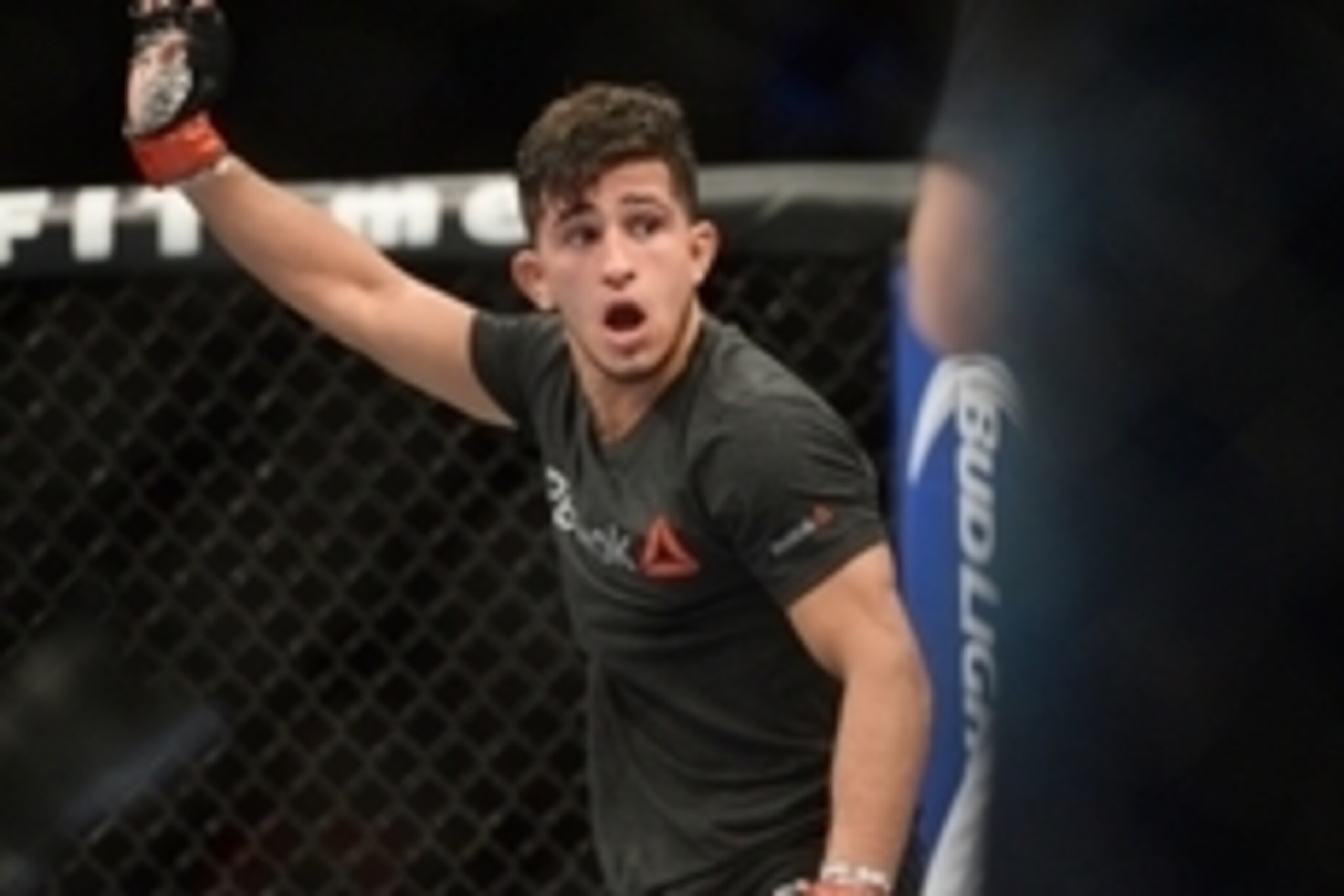 Dec 6, 2014; Las Vegas, NV, USA; Sergio Pettis (red) against Matt Hobar (blue) during UFC 181 at Madalay Bay Events Center. Pettis won via unanimous decision. Mandatory Credit: Joe Camporeale-USA TODAY Sports
