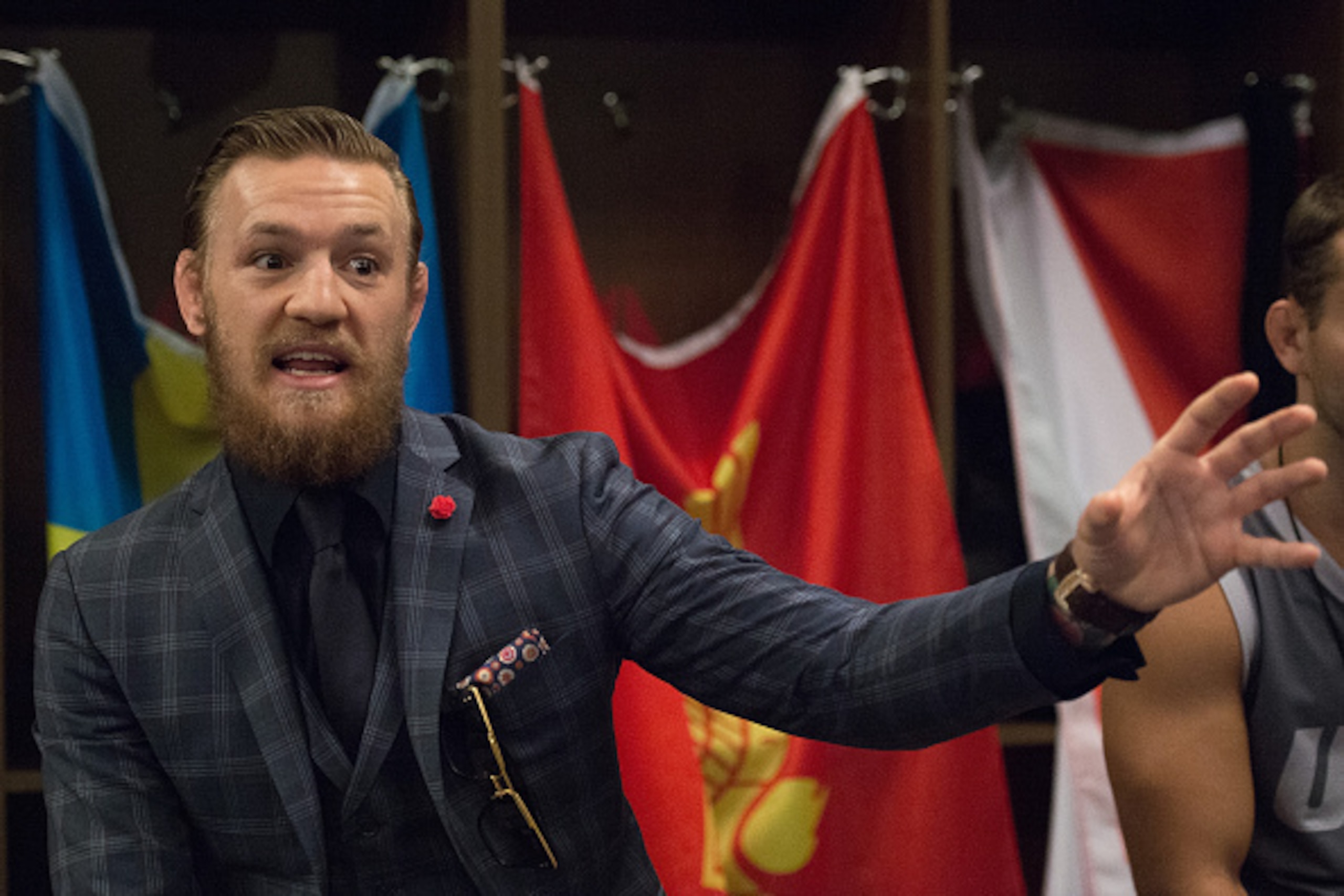 LAS VEGAS, NV - JULY 24:  Head Coach Conor McGregor talks to his team after Frantz Slioa's submission loss to Ryan Hall during the filming of The Ultimate Fighter: Team McGregor vs Team Faber at the UFC TUF Gym on July 24, 2015 in Las Vegas, Nevada. (Phot