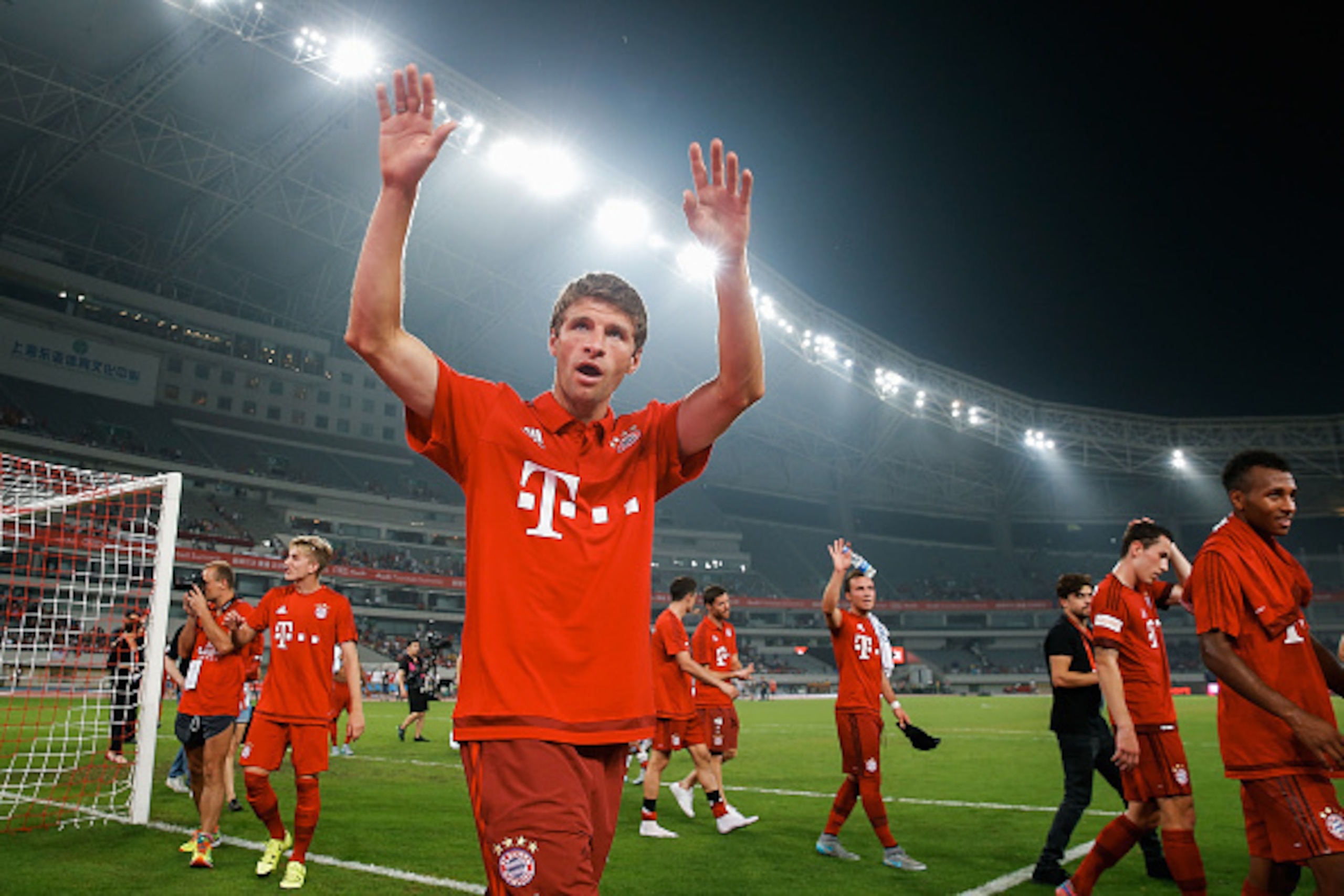 SHANGHAI, CHINA - JULY 21:  Thomas Mueller of FC Bayern Muenchen gestures to fans after winning the international friendly match between FC Bayern Muenchen and Inter Milan of the Audi Football Summit 2015 at Shanghai Stadium on July 21, 2015 in Shanghai, 