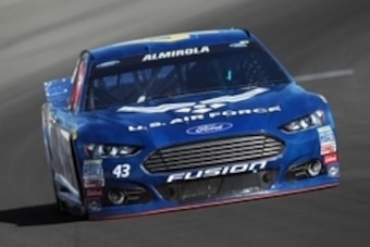 Aug 1, 2015; Long Pond, PA, USA; NASCAR Sprint Cup Series driver Aric Almirola (43) during practice for the Windows 10 400 at Pocono Raceway. Mandatory Credit: Matthew O'Haren-USA TODAY Sports