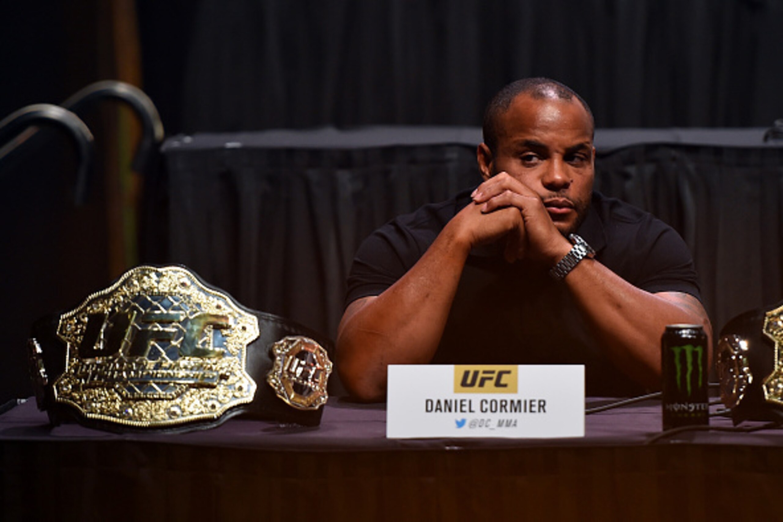 LAS VEGAS, NEVADA - SEPTEMBER 04:  UFC light heavyweight champion Daniel Cormier interacts with the media during the UFC's Go Big launch event inside MGM Grand Garden Arena on September 4, 2015 in Las Vegas, Nevada. (Photo by Jeff Bottari/Zuffa LLC/Zuffa 