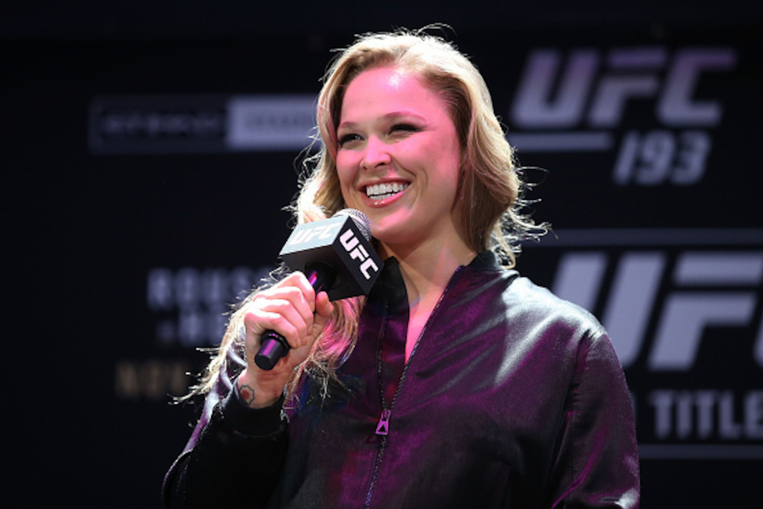 SYDNEY, AUSTRALIA - SEPTEMBER 17:  Ronda Rousey speaks during a UFC 193 Sydney Fan Event on September 17, 2015 in Sydney, Australia.  (Photo by Brendon Thorne/Zuffa LLC/Zuffa LLC via Getty Images)