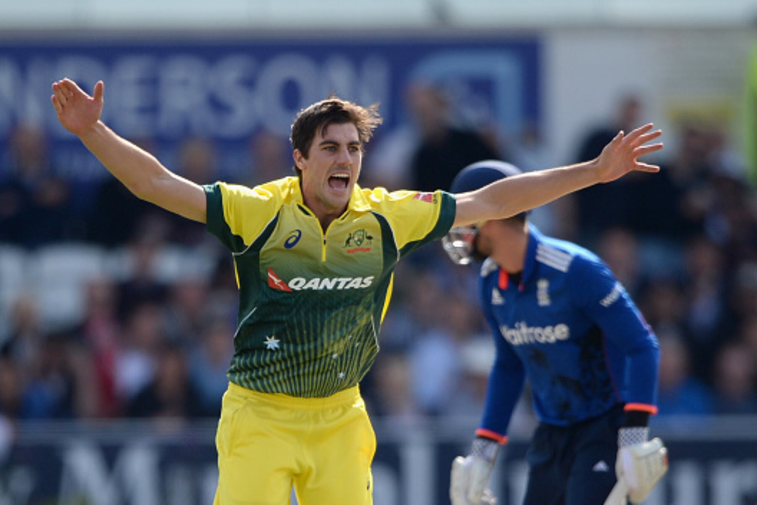 LEEDS, ENGLAND - SEPTEMBER 11:  Pat Cummins of Australia successfully appeals for the wicket of Alex Hales of England during the 4th Royal London One-Day International match between England and Australia at Headingley on September 11, 2015 in Leeds, Unite