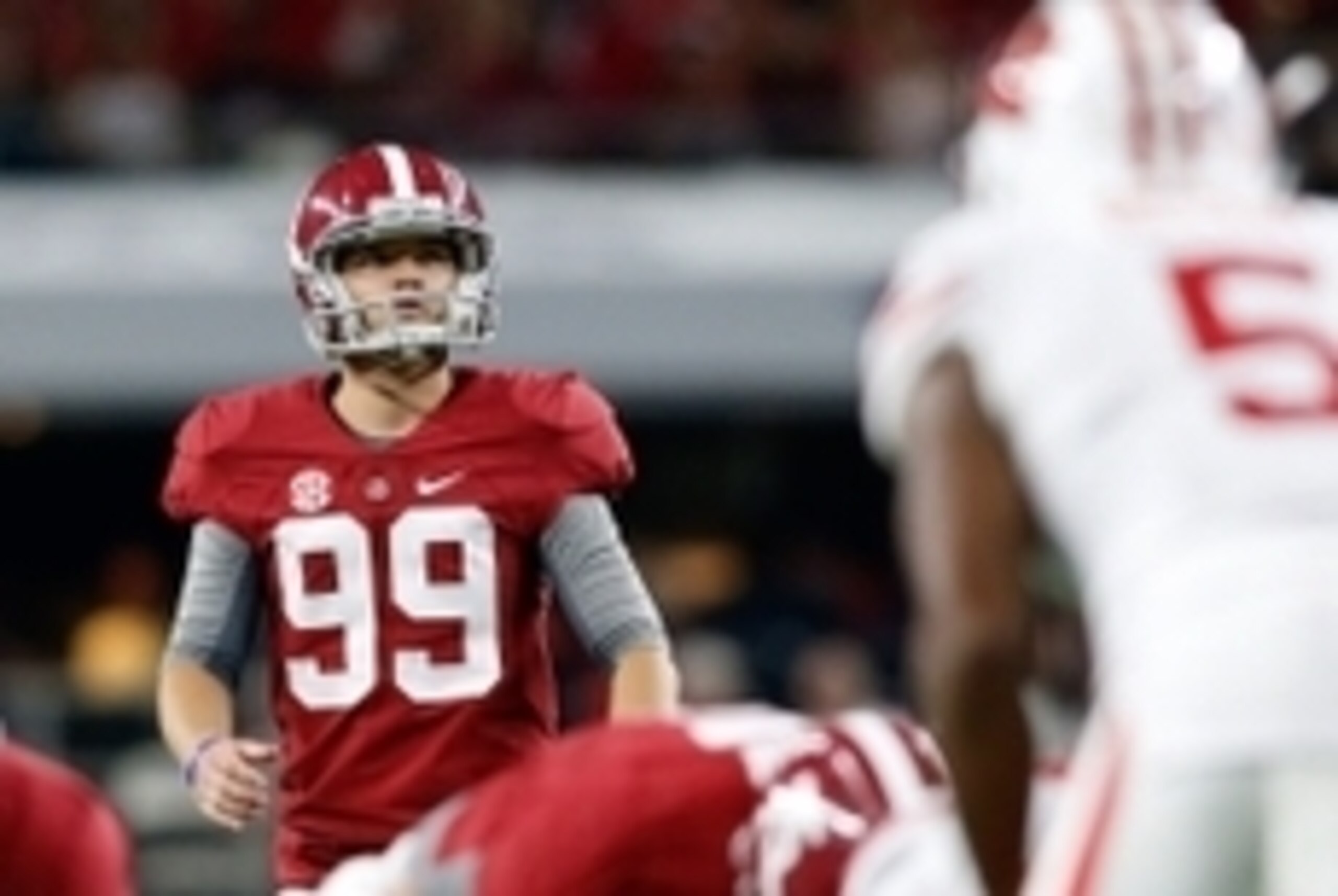 Sep 5, 2015; Arlington, TX, USA; Alabama Crimson Tide place kicker Adam Griffith (99) lines up for a field goal against the Wisconsin Badgers at AT&T Stadium. Alabama won 35-17. Mandatory Credit: Tim Heitman-USA TODAY Sports Sep 5, 2015; Arlington, TX, USA; Alabama Crimson Tide place kicker Adam Griffith (99) lines up for a field goal against the Wisconsin Badgers at AT&T Stadium. Alabama won 35-17. Mandatory Credit: Tim Heitman-USA TODAY Sports
