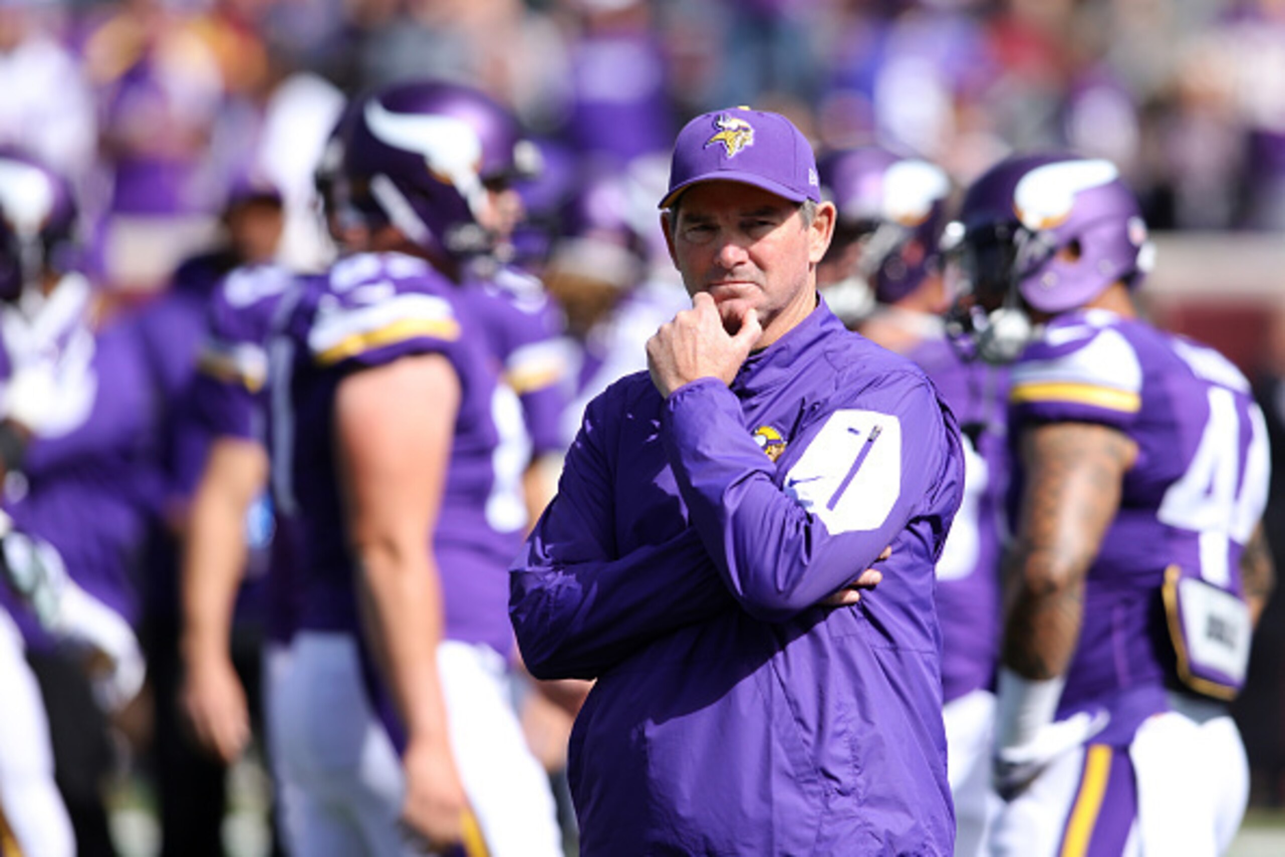MINNEAPOLIS, MN - SEPTEMBER 20: Head coach Mike Zimmer of the Minnesota Vikings watches his players warm up before the game against the Detroit Lions at TCF Bank Stadium on September 20, 2015 in Minneapolis, Minnesota. (Photo by Adam Bettcher/Getty Images