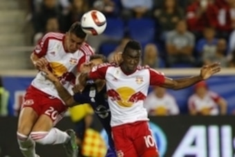 Sep 25, 2015; Harrison, NJ, USA; New York Red Bulls defender Matt Miazga (20) and New York Red Bulls midfielder Lloyd Sam (10) attempt to head the ball against Orlando City SC defender Sebastian Hines (3) during first half at Red Bull Arena. Mandatory Cre Sep 25, 2015; Harrison, NJ, USA; New York Red Bulls defender Matt Miazga (20) and New York Red Bulls midfielder Lloyd Sam (10) attempt to head the ball against Orlando City SC defender Sebastian Hines (3) during first half at Red Bull Arena. Mandatory Cre