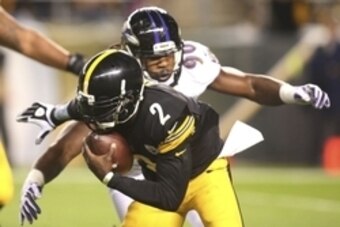 Oct 1, 2015; Pittsburgh, PA, USA; Pittsburgh Steelers quarterback Michael Vick (2) is sacked by Baltimore Ravens linebacker Za'Darius Smith (90) during the third quarter at Heinz Field. The Ravens won 23-20 in overtime. Mandatory Credit: Charles LeClaire-