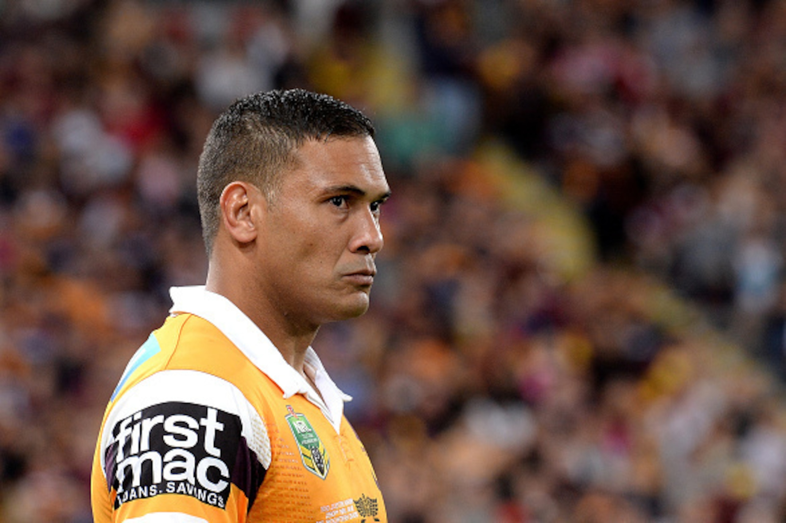 BRISBANE, AUSTRALIA - SEPTEMBER 25: Justin Hodges of the Broncos looks determined during the NRL First Preliminary Final match between the Brisbane Broncos and the Sydney Roosters at Suncorp Stadium on September 25, 2015 in Brisbane, Australia.  (Photo by