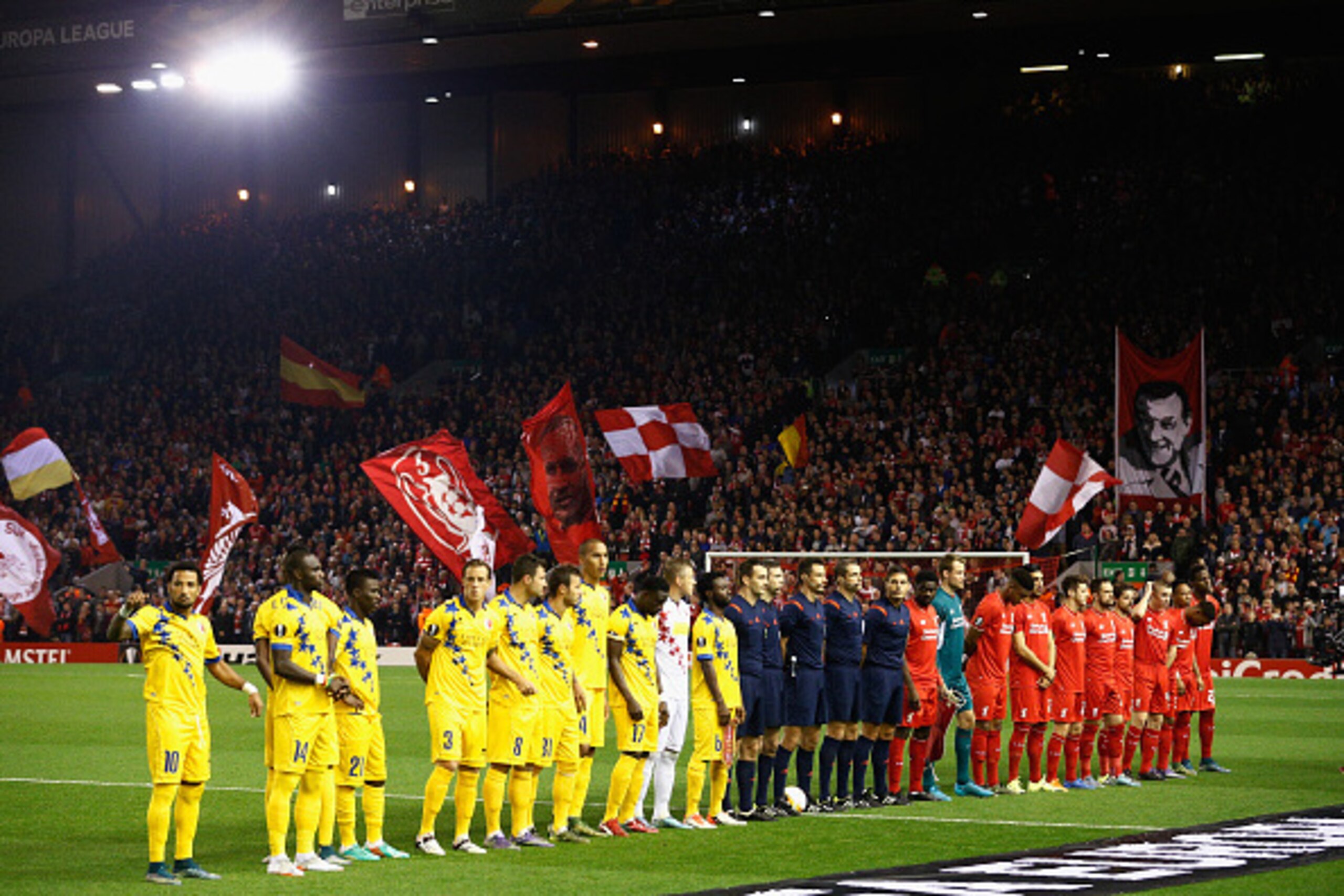 LIVERPOOL, ENGLAND - OCTOBER 01:  THe teams line up during the UEFA Europa League group B match between Liverpool FC and FC Sion at Anfield on October 1, 2015 in Liverpool, United Kingdom.  (Photo by Dean Mouhtaropoulos/Getty Images)