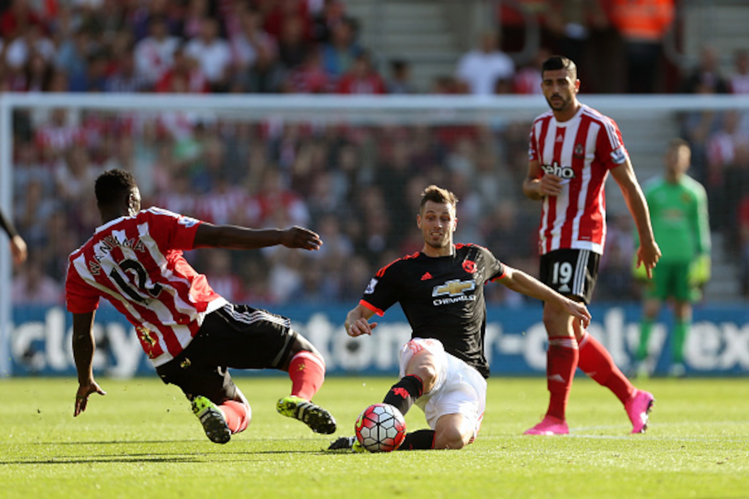 SOUTHAMPTON, ENGLAND - SEPTEMBER 20:  Morgan Schneiderlin of Manchester United in action with Victor Wanyama and Graziano Pelle of Southampton during the Barclays Premier League match at St Mary's stadium between Southampton and Manchester United on Septe