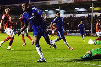 WALSALL, ENGLAND - SEPTEMBER 23:  Kenedy of Chelsea celebrates as he scores their third goal during the Capital One Cup third round match between Walsall and Chelsea at Banks's Stadium on September 23, 2015 in Walsall, England.  (Photo by Nigel Roddis/Get