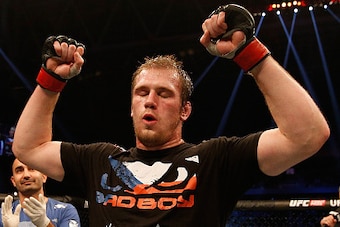 STOCKHOLM, SWEDEN - JANUARY 24:  Viktor Pesta of the Czech Republic celebrates after his unanimous-decision victory over Konstantin Erokhin of Russia in their heavyweight bout during the UFC Fight Night event at the Tele2 Arena on January 24, 2015 in Stoc