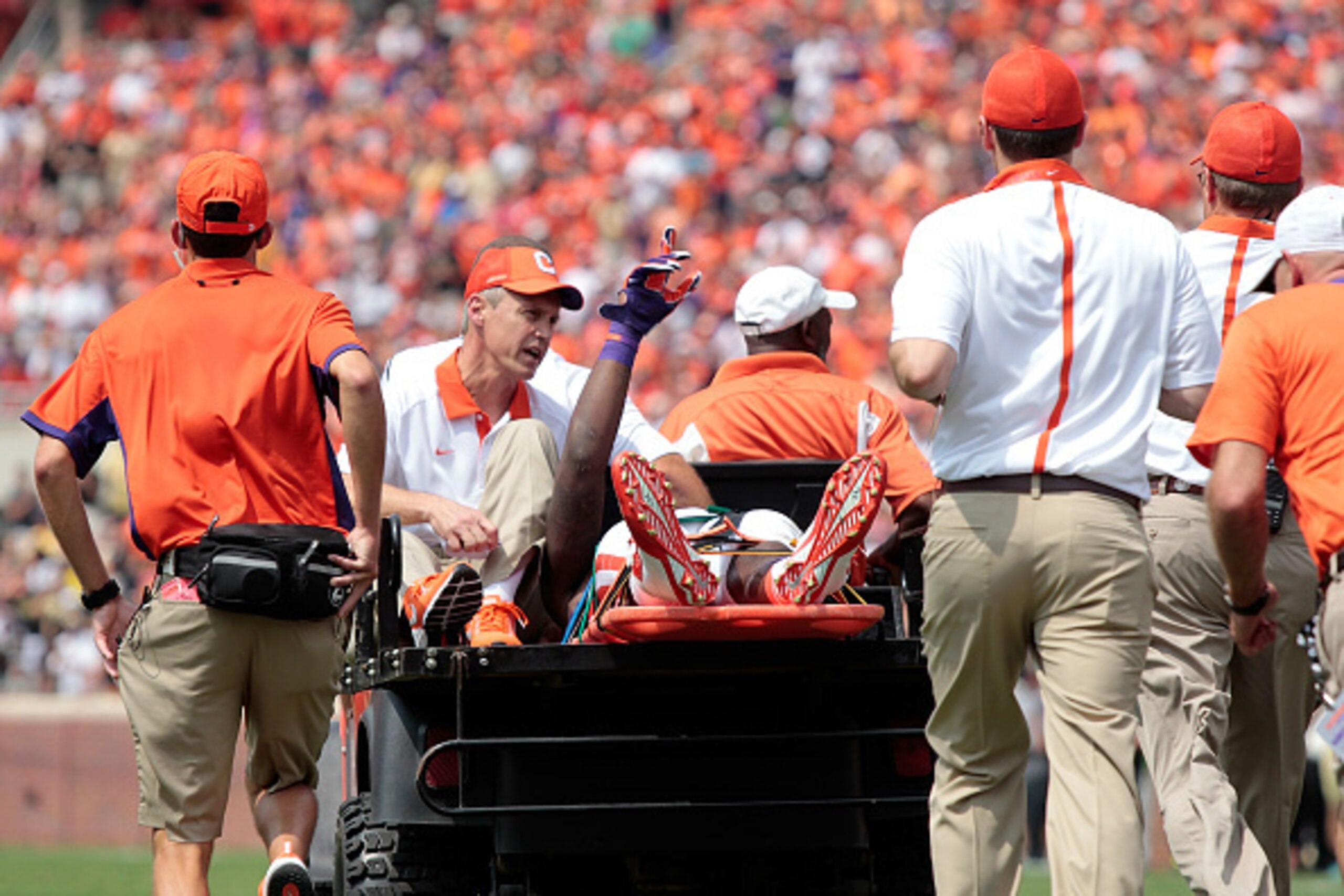 CLEMSON, SC - SEPTEMBER 5: Mike Williams #7 of the Clemson Tigers waves to the fans after being injured on a play during the game against the Wofford Terriers at Clemson Memorial Stadium on September 5, 2015 in Clemson, South Carolina. (Photo by Tyler Smi