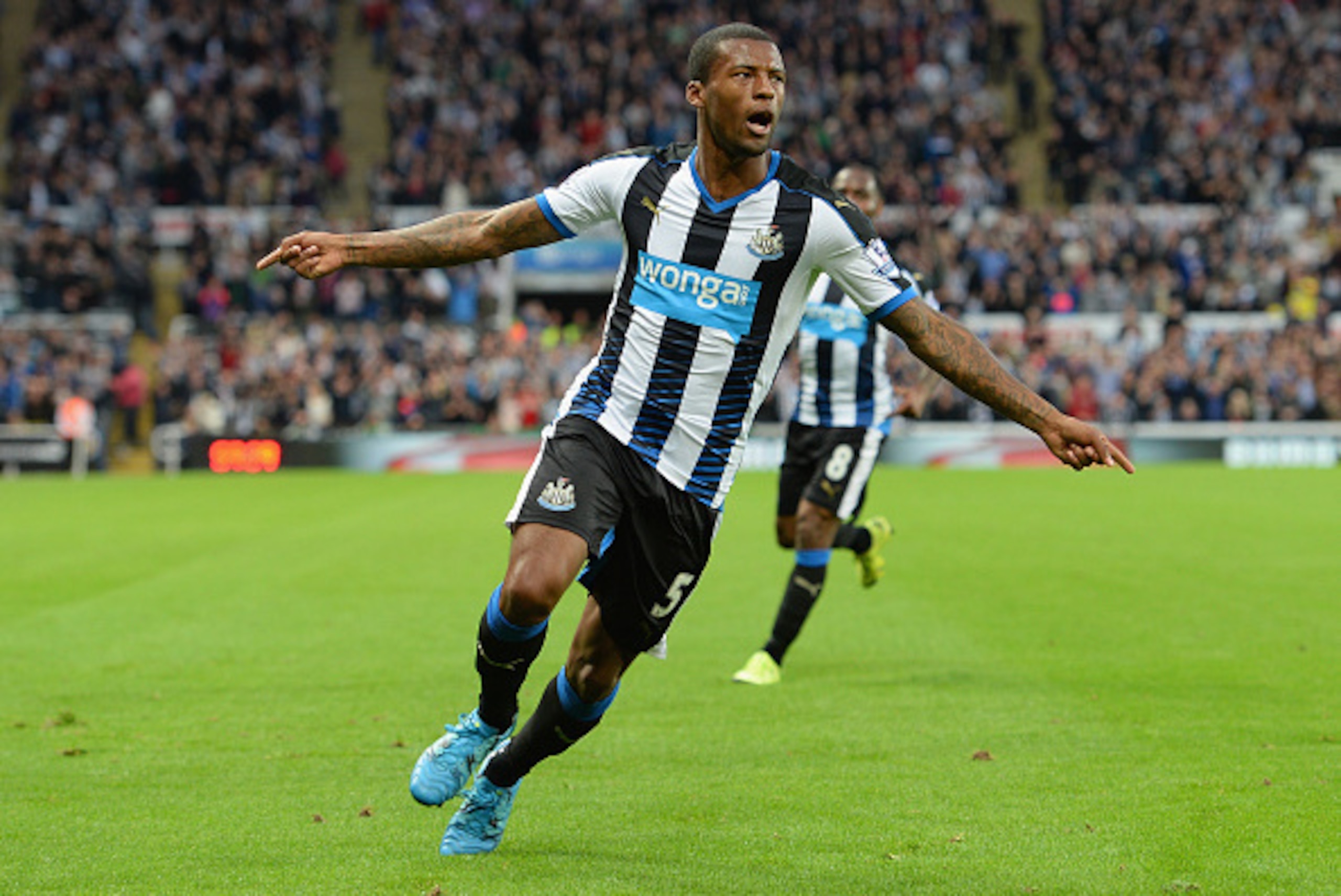 NEWCASTLE UPON TYNE, ENGLAND - SEPTEMBER 26:  Georginio Wijnaldum of Newcastle United celebrates scoring his team's second goal with his team mates during the Barclays Premier League match between Newcastle United and Chelsea at St James' Park on Septembe