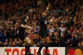 CARDIFF, WALES - OCTOBER 02:  Waisake Naholo of the New Zealand All Blacks celebrates scoring the opening try with Conrad Smith of the New Zealand All Blacks (L) during the 2015 Rugby World Cup Pool C match between New Zealand and Georgia at the Millenniu