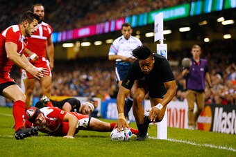 CARDIFF, WALES - OCTOBER 02:  Julian Savea of the New Zealand All Blacks goes over to score their second try during the 2015 Rugby World Cup Pool C match between New Zealand and Georgia at the Millennium Stadium on October 2, 2015 in Cardiff, United Kingd