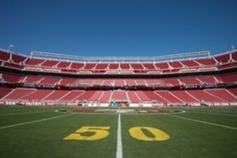 September 3, 2015; Santa Clara, CA, USA; General view of Levi's Stadium with gold painted numbers at the 50 yard line to celebrate Super Bowl 50 before the game between the San Francisco 49ers and the San Diego Chargers. Super Bowl 50 will be held at Levi