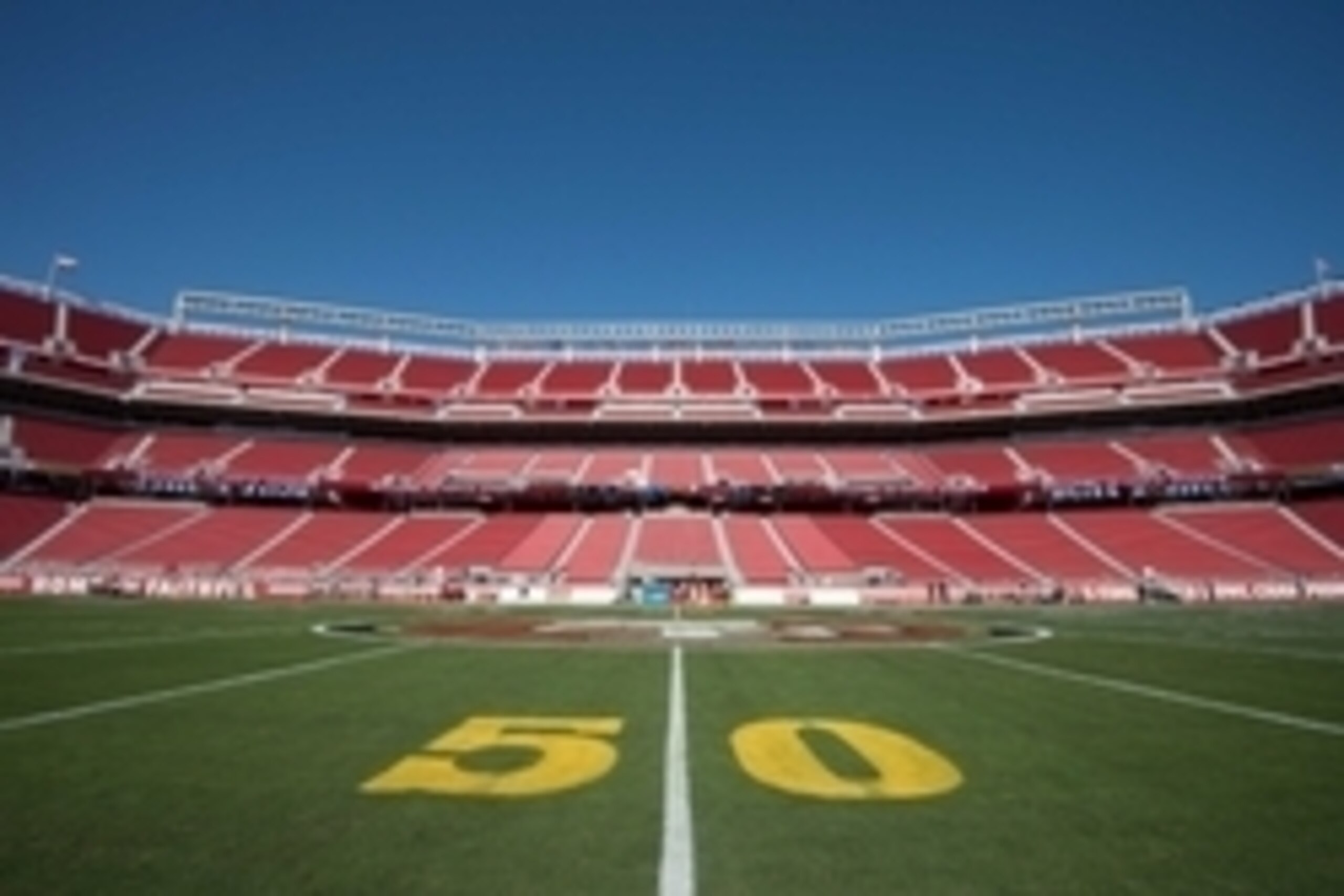 September 3, 2015; Santa Clara, CA, USA; General view of Levi's Stadium with gold painted numbers at the 50 yard line to celebrate Super Bowl 50 before the game between the San Francisco 49ers and the San Diego Chargers. Super Bowl 50 will be held at Levi