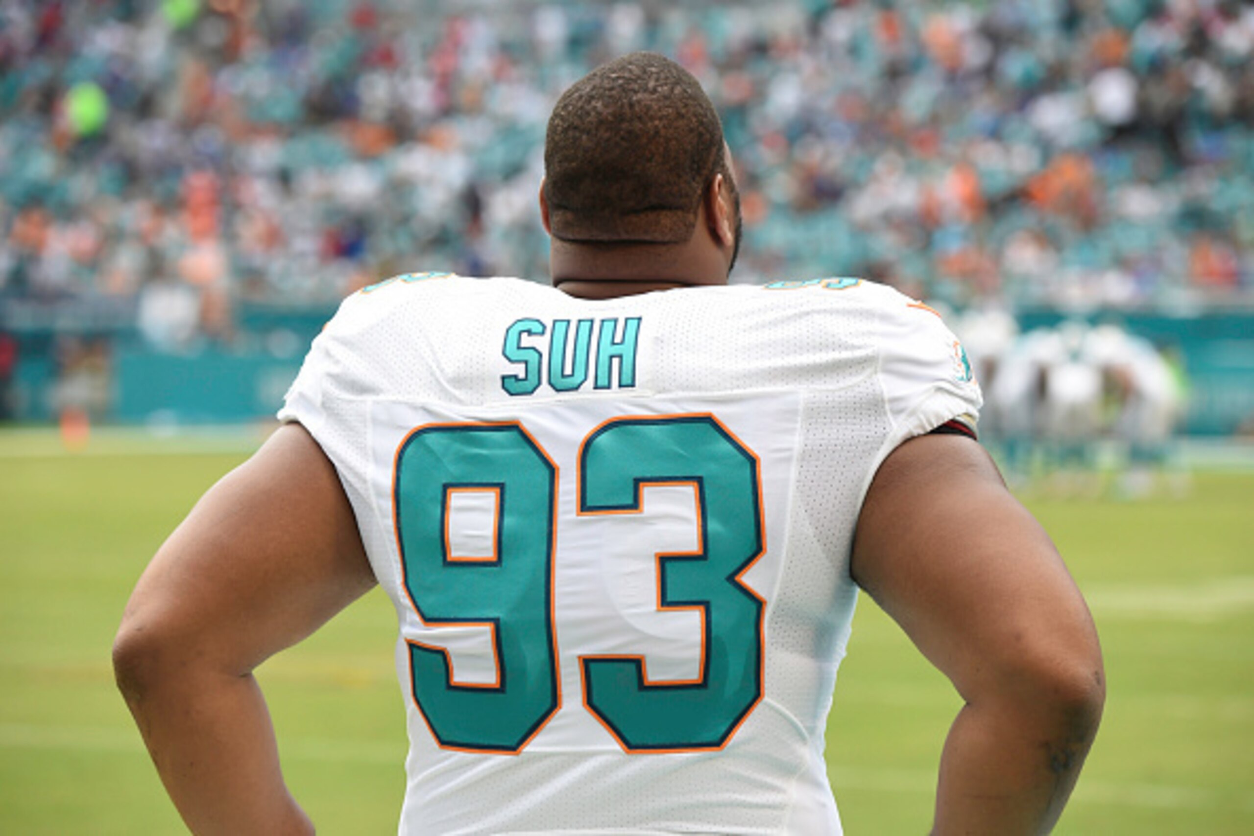MIAMI GARDENS, FL - SEPTEMBER 27:  Ndamukong Suh #93 of the Miami Dolphins looks on during a NFL game against the Buffalo Bills at Sun Life Stadium on September 27, 2015 in Miami Gardens, Florida.  (Photo by Ron Elkman/Sports Imagery/Getty Images)