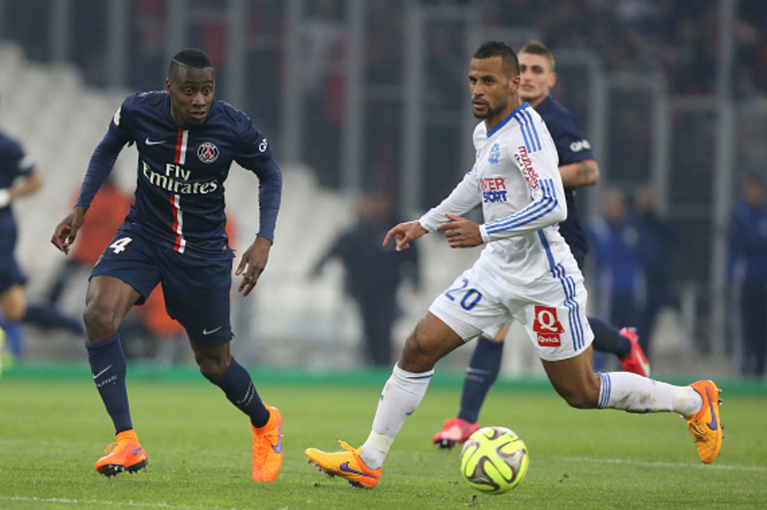 MARSEILLE, FRANCE - APRIL 5: Blaise Matuidi of PSG and Jacques-Alaixys Romao of OM in action during the French Ligue 1 match between Olympique de Marseille (OM) and Paris Saint-Germain (PSG) at New Stade Velodrome on April 5, 2015 in Marseille, France. (P