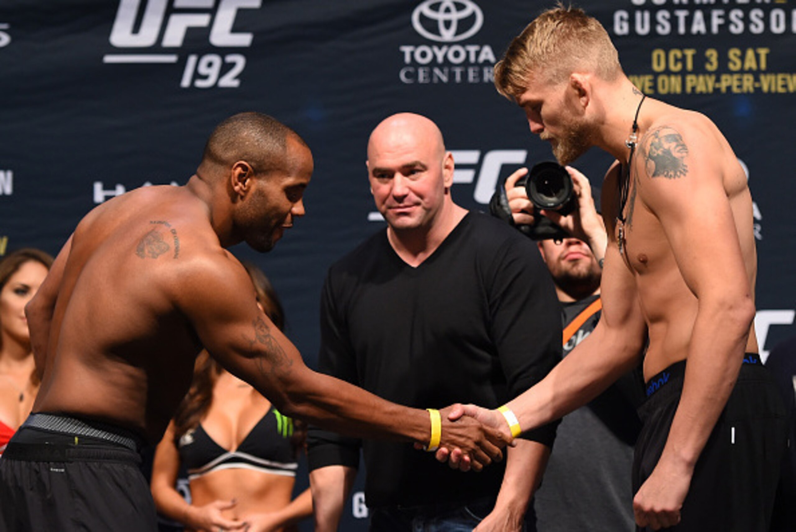 HOUSTON, TX - OCTOBER 02:  UFC light heavyweight champion Daniel Cormier and Alexander Gustafsson shake hands during the UFC 192 weigh-in at the Toyota Center on October 2, 2015 in Houston, Texas. (Photo by Josh Hedges/Zuffa LLC/Zuffa LLC via Getty Images
