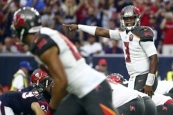 Sep 27, 2015; Houston, TX, USA; Tampa Bay Buccaneers quarterback Jameis Winston (3) against the Houston Texans at NRG Stadium. Mandatory Credit: Kevin Jairaj-USA TODAY Sports