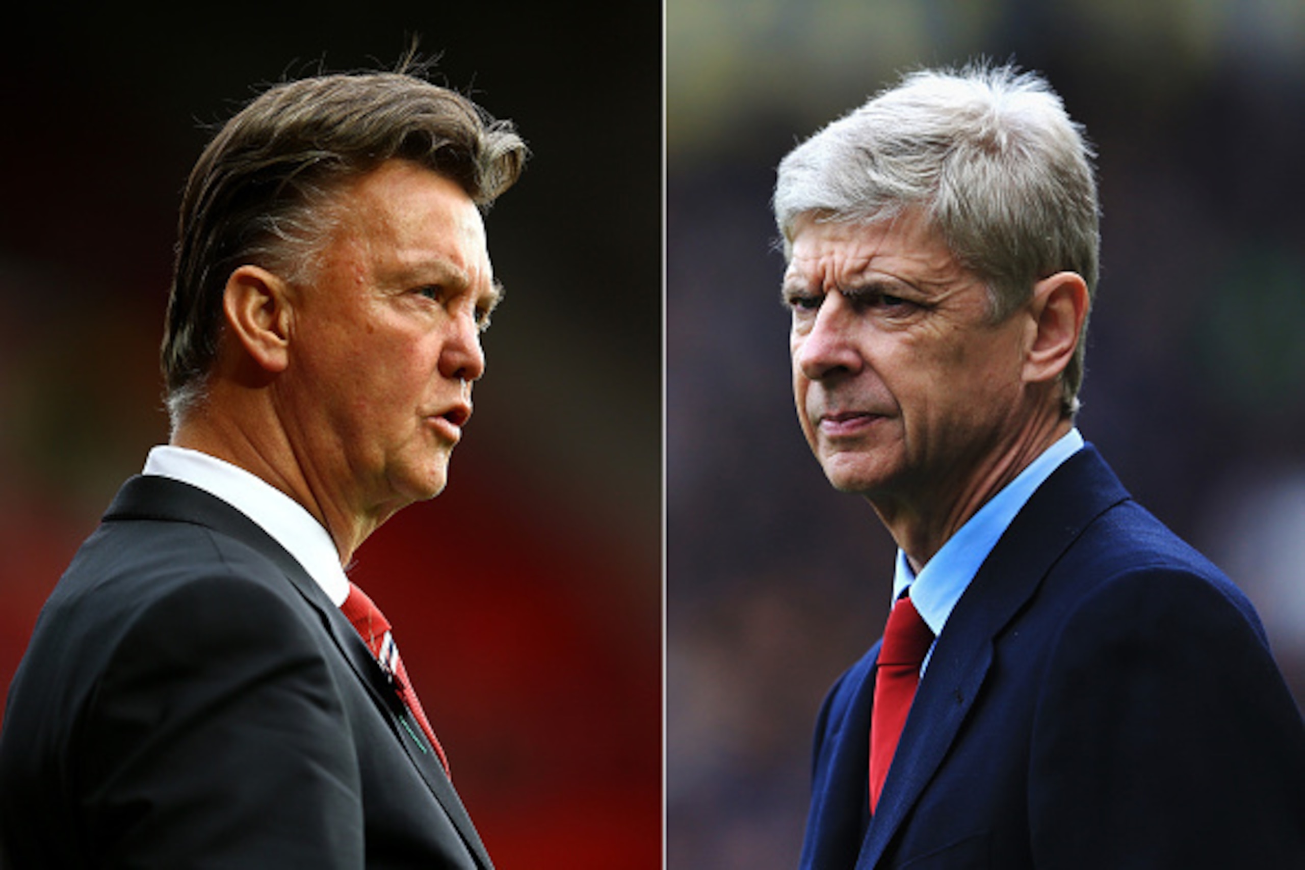 FILE PHOTO - (EDITORS NOTE: COMPOSITE OF TWO IMAGES - Image numbers (L) 458624178 and 485728065) In this composite image a comparision has been made between Louis van Gaal ,Manager of Manchester United (L) and Arsene Wenger, Manager of Arsenal . Arsenal a