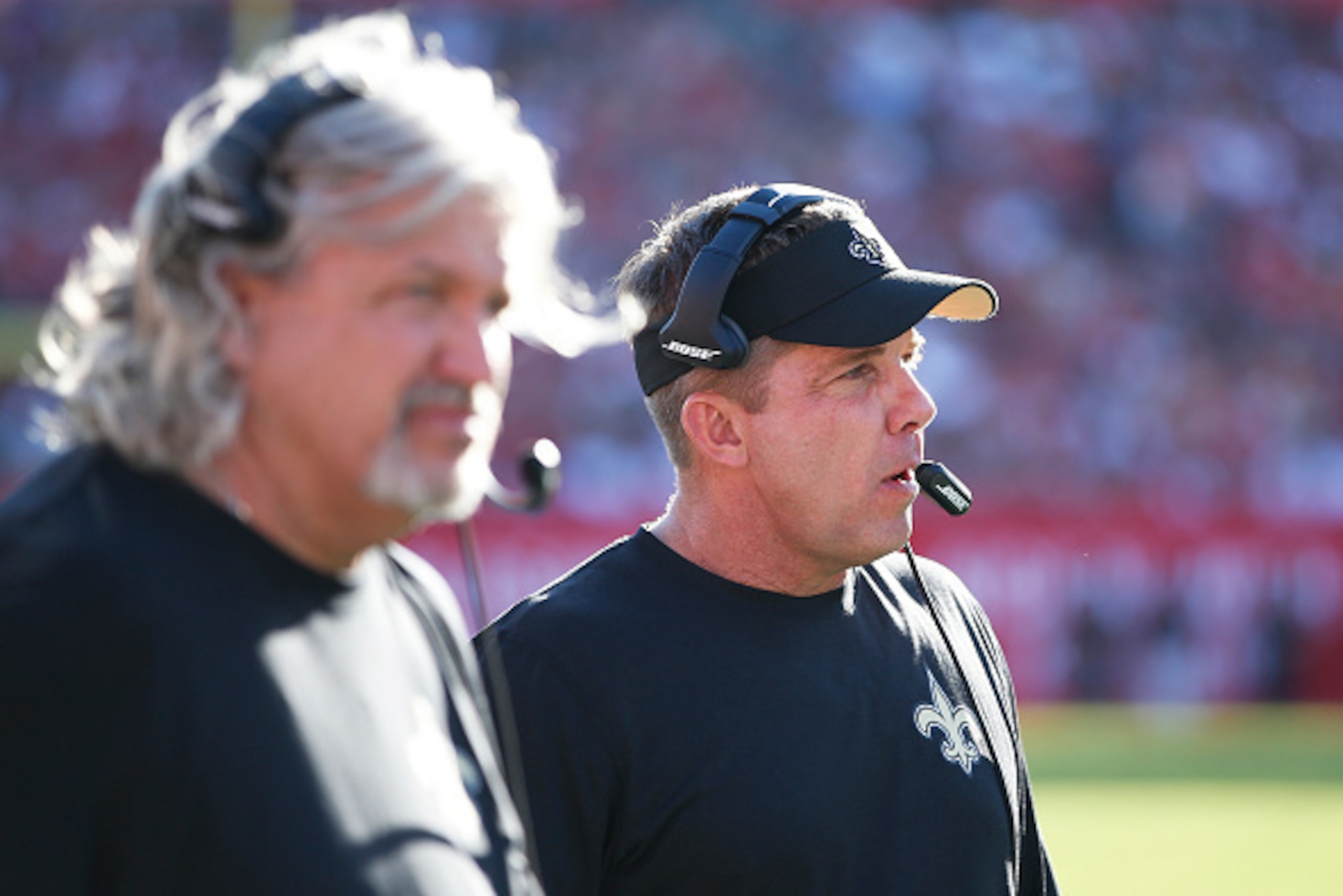 TAMPA, FL - DECEMBER 28: Head coach Sean Payton and defensive coordinator Rob Ryan of the New Orleans Saints look on in the second half of the game against the Tampa Bay Buccaneers at Raymond James Stadium on December 28, 2014 in Tampa, Florida. The Saint