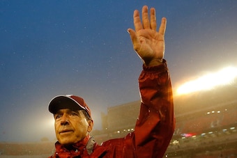 ATHENS, GA - OCTOBER 03:  Head coach Nick Saban of the Alabama Crimson Tide reacts towards the fans after their 38-10 win over the Georgia Bulldogs at Sanford Stadium on October 3, 2015 in Athens, Georgia.  (Photo by Kevin C. Cox/Getty Images)