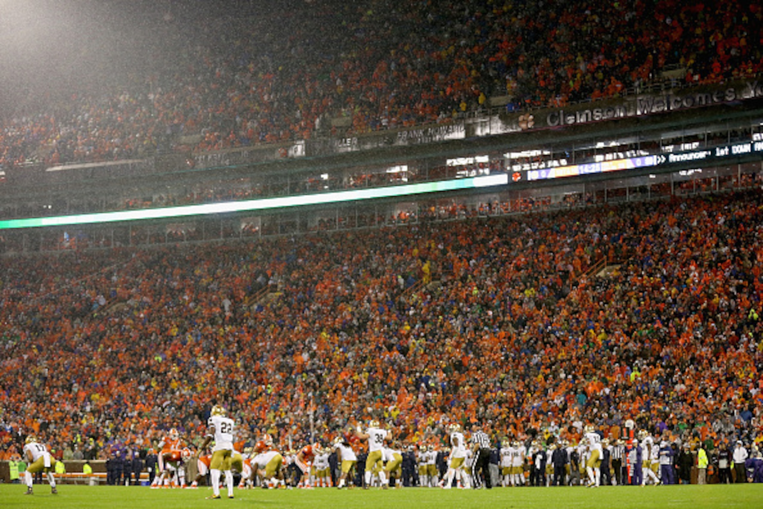 CLEMSON, SC - OCTOBER 03:  A general view of the rain during the game between the Notre Dame Fighting Irish and Clemson Tigers at Clemson Memorial Stadium on October 3, 2015 in Clemson, South Carolina.  (Photo by Streeter Lecka/Getty Images)