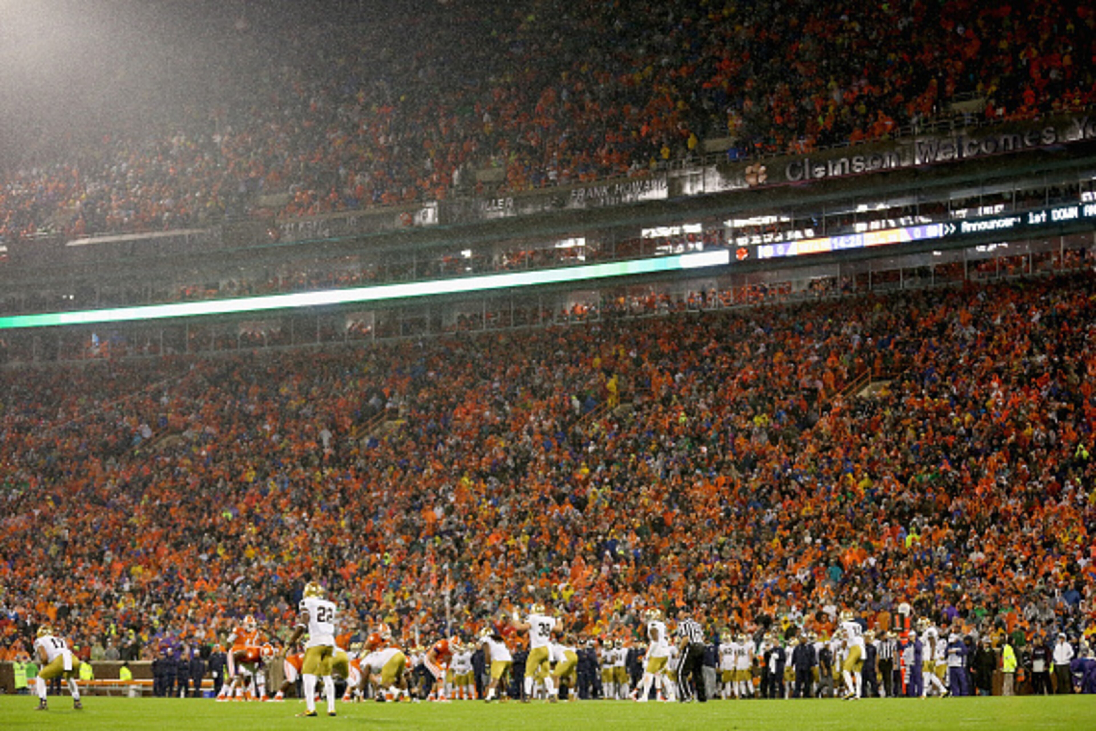 CLEMSON, SC - OCTOBER 03:  A general view of the rain during the game between the Notre Dame Fighting Irish and Clemson Tigers at Clemson Memorial Stadium on October 3, 2015 in Clemson, South Carolina.  (Photo by Streeter Lecka/Getty Images)