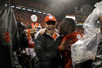 CLEMSON, SC - OCTOBER 3: Head Coach Dabo Swinney of the Cemson Tigers celebrates after defeating the Notre Dame Fighting Irish 24-22 at Clemson Memorial Stadium on October 3, 2015 in Clemson, South Carolina. (Photo by Tyler Smith/Getty Images)