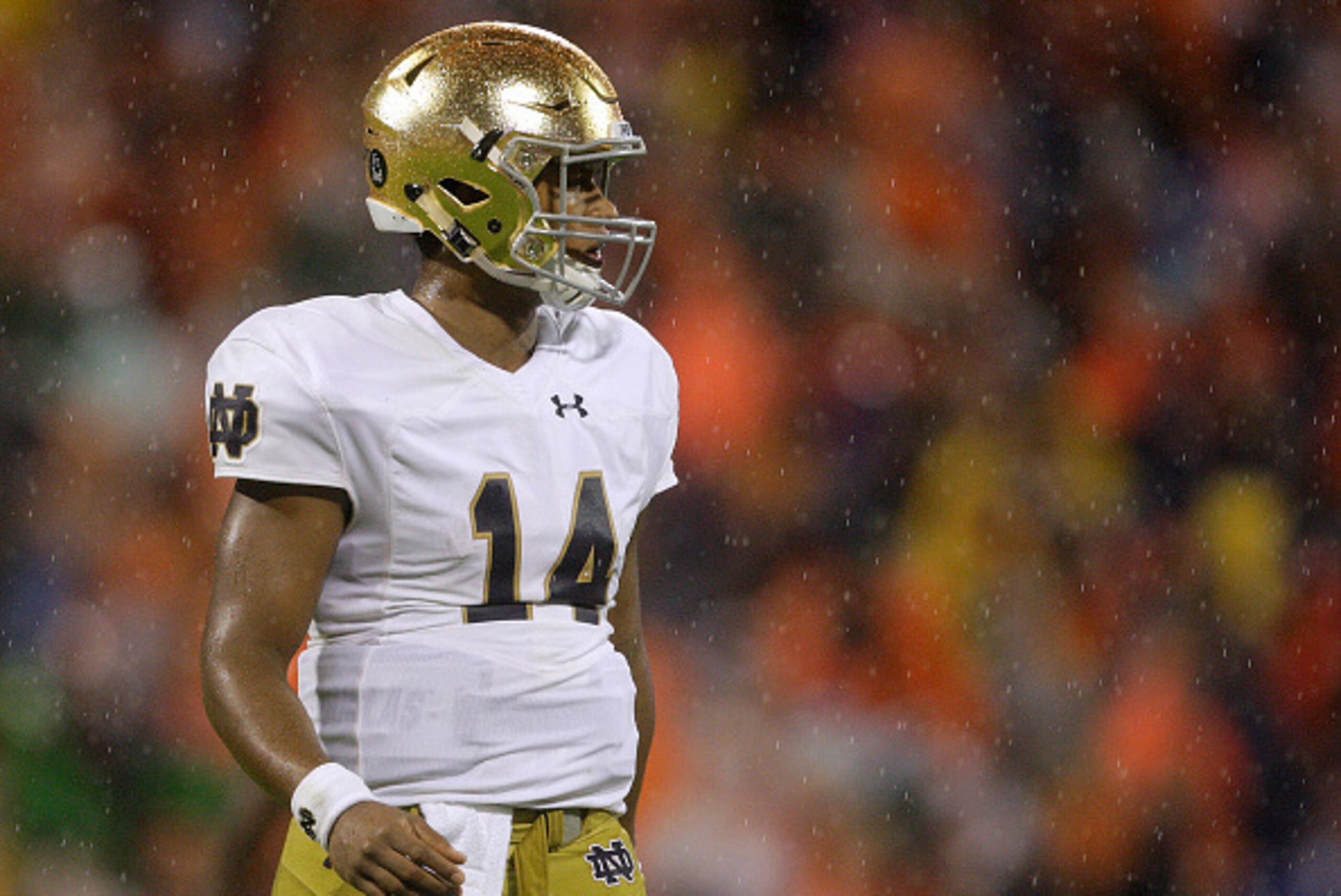 CLEMSON, SC - OCTOBER 3: DeShone Kizer #14 of the Notre Dame Fighting Irish reacts after a play during the game against the Clemson Tigers at Clemson Memorial Stadium on October 3, 2015 in Clemson, South Carolina. (Photo by Tyler Smith/Getty Images)