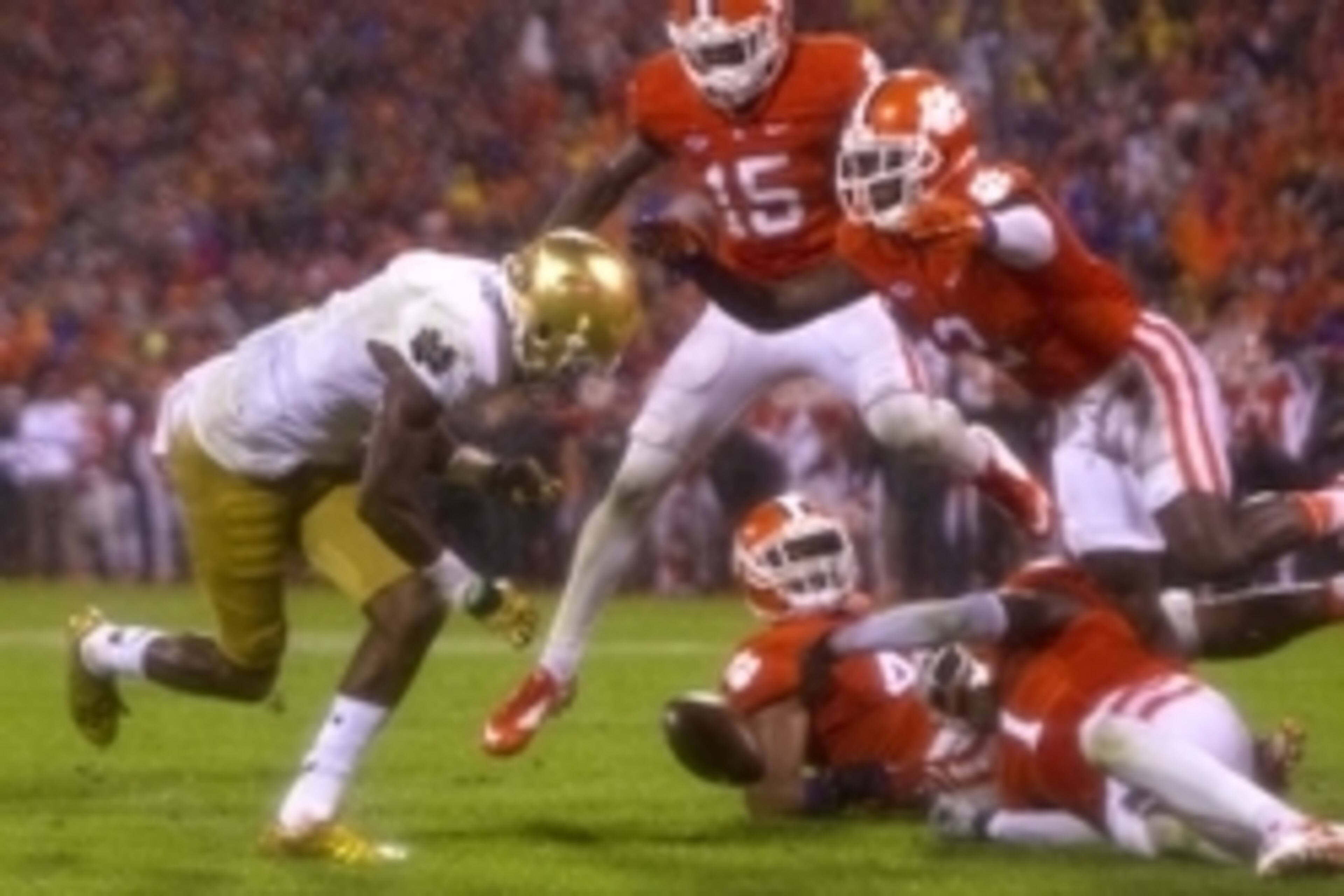 Oct 3, 2015; Clemson, SC, USA; Clemson Tigers linebacker B.J. Goodson (44) forces a fumble from Notre Dame Fighting Irish running back C.J. Prosise (20) during the fourth quarter at Clemson Memorial Stadium. Tigers won 24-22. Mandatory Credit: Joshua S. K
