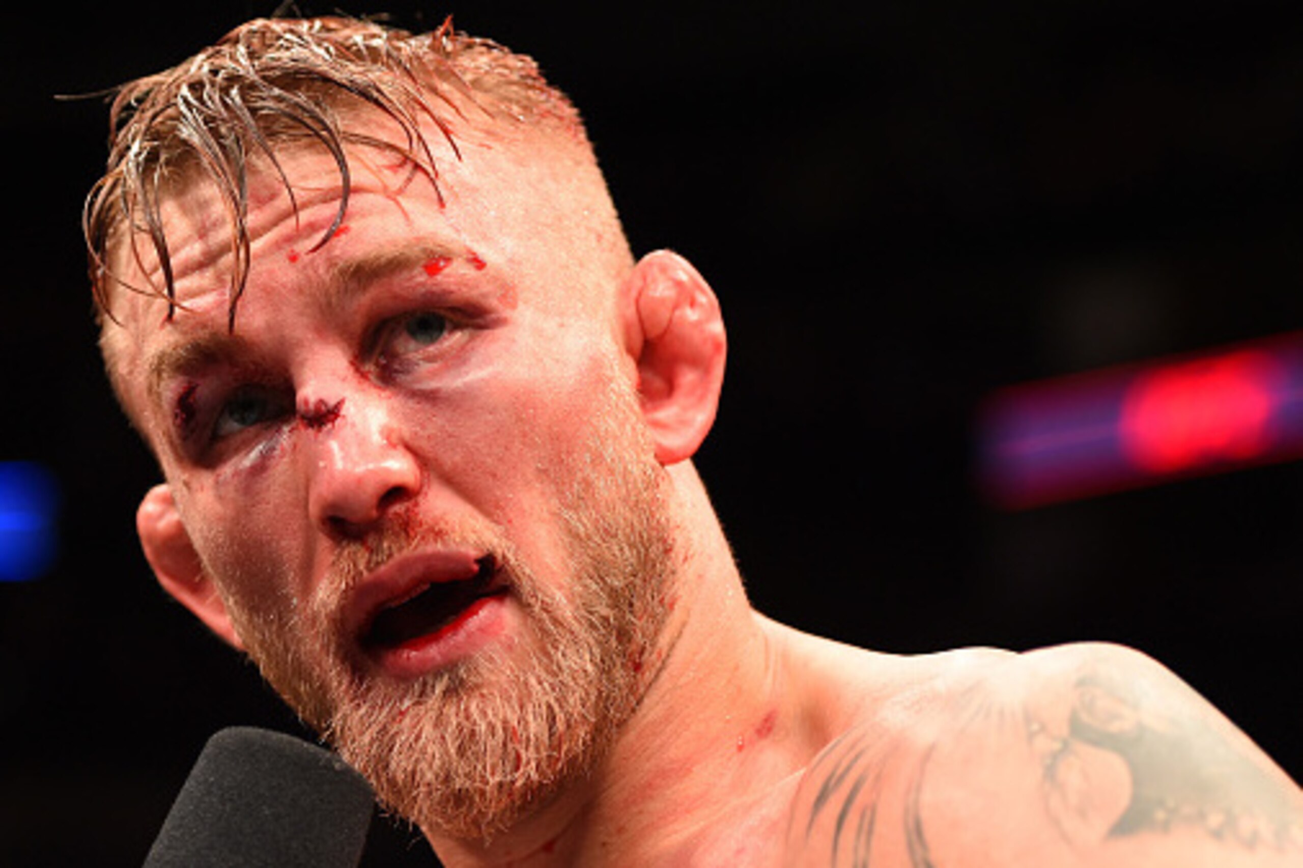 HOUSTON, TX - OCTOBER 03:  Alexander Gustafsson talks to Joe Rogan after his loss to Daniel Cormier in their UFC light heavyweight championship bout during the UFC 192 event at the Toyota Center on October 3, 2015 in Houston, Texas. (Photo by Josh Hedges/