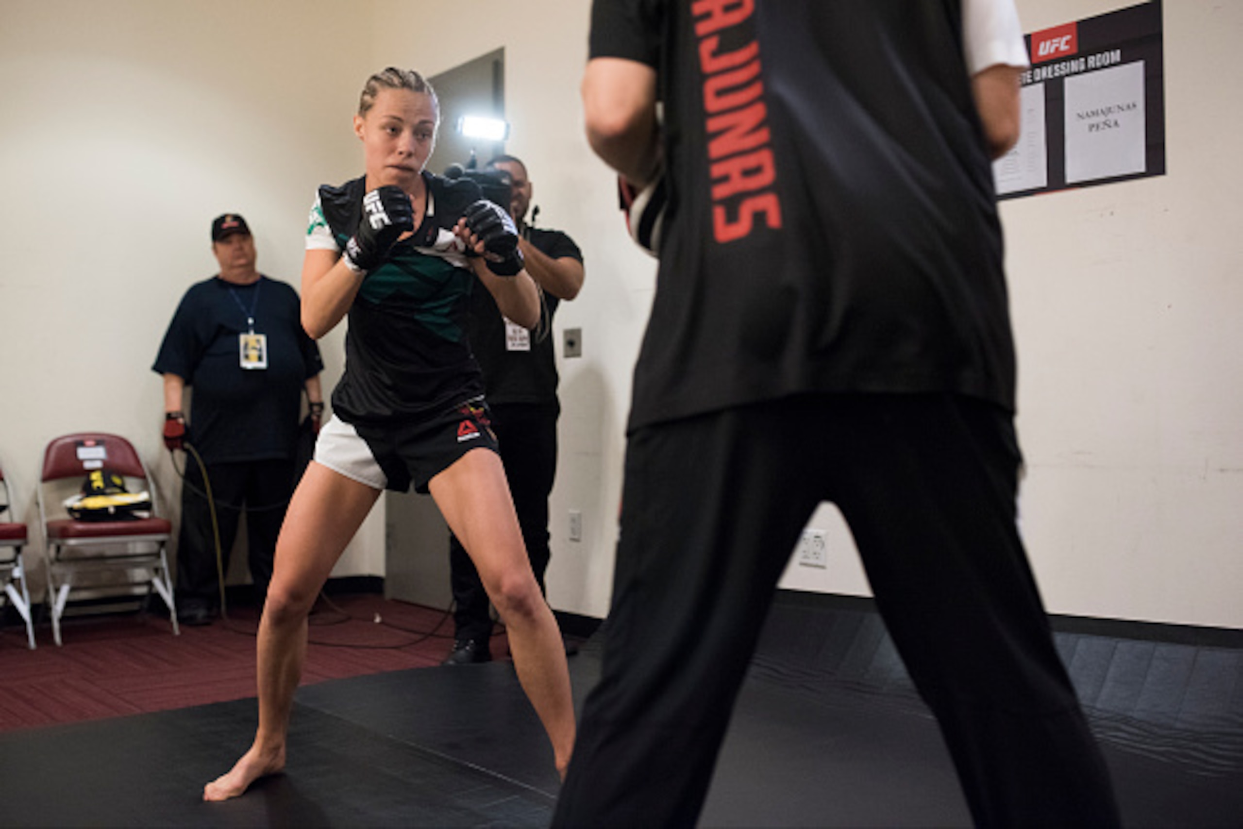 HOUSTON, TX - OCTOBER 3:  Rose Namajunas warms up backstage before her fight against Angela Hill during UFC 192 at the Toyota Center on October 3, 2015 in Houston, Texas. (Photo by Cooper Neill/Zuffa LLC/Zuffa LLC via Getty Images)