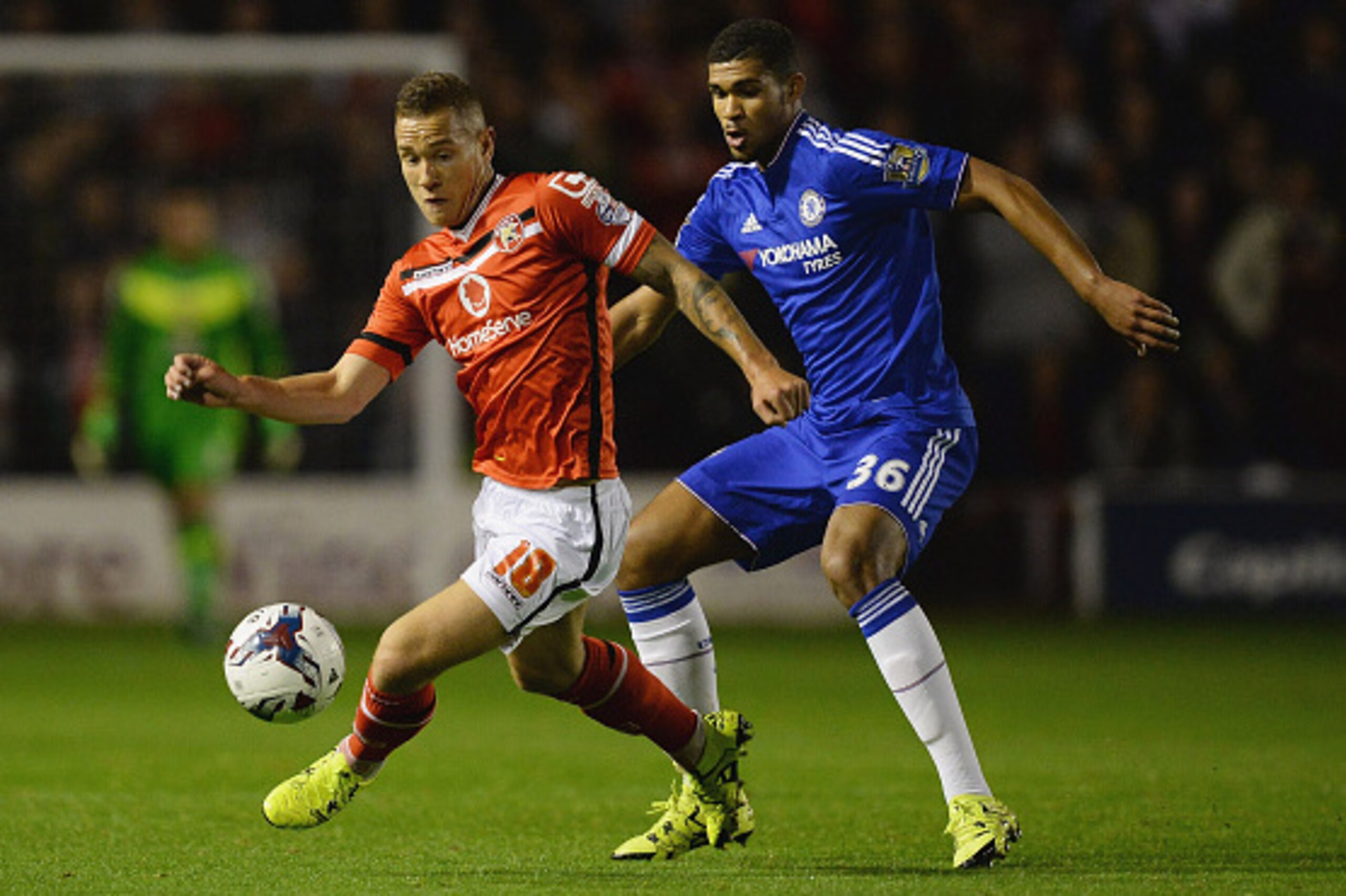 WALSALL, ENGLAND - SEPTEMBER 23:  Kieron Morris of Walsall evades Ruben Loftus-Cheek of Chelsea during the Capital One Cup third round match between Walsall and Chelsea at Banks's Stadium on September 23, 2015 in Walsall, England.  (Photo by Nigel Roddis/