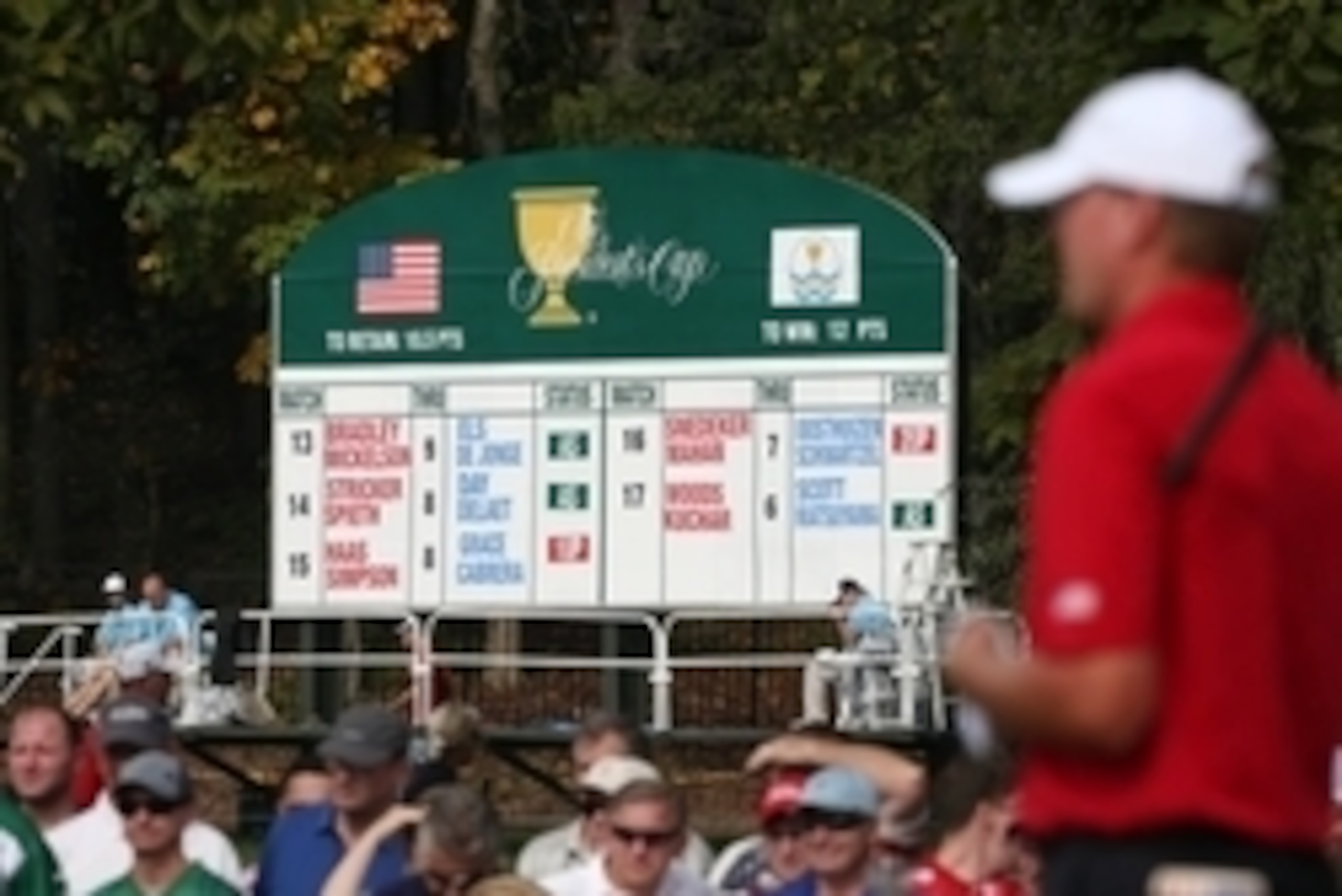 Oct 5, 2013; Dublin, OH, USA; A view of the leader board during the third round of the Presidents Cup at Muirfield Village Golf Club. Mandatory Credit: Brian Spurlock-USA TODAY Sports