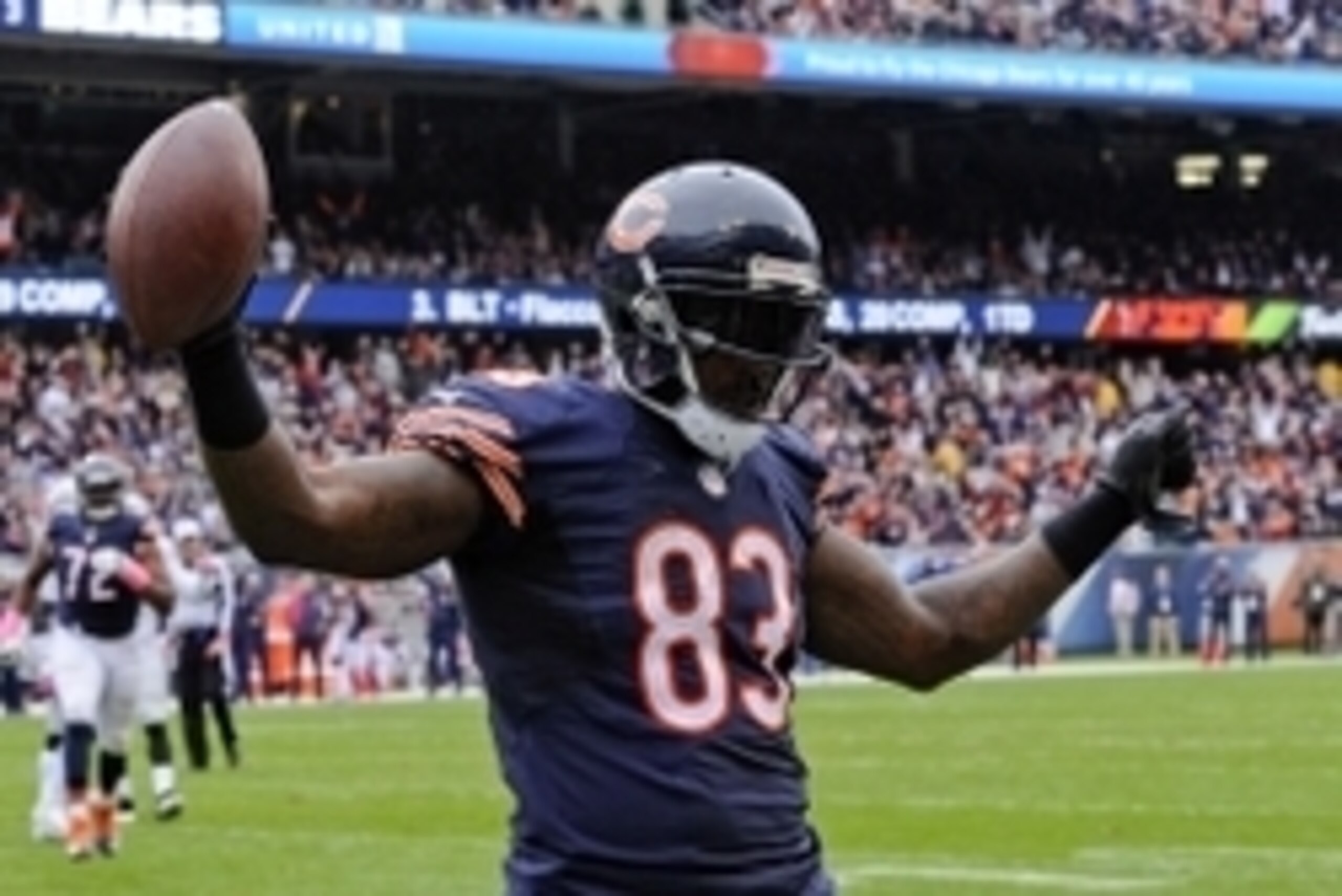Oct 4, 2015; Chicago, IL, USA; Chicago Bears tight end Martellus Bennett (83) celebrates after he catches a pass for a touchdown in the second quarter of the game against the Oakland Raiders at Soldier Field. Mandatory Credit: Matt Marton-USA TODAY Sports