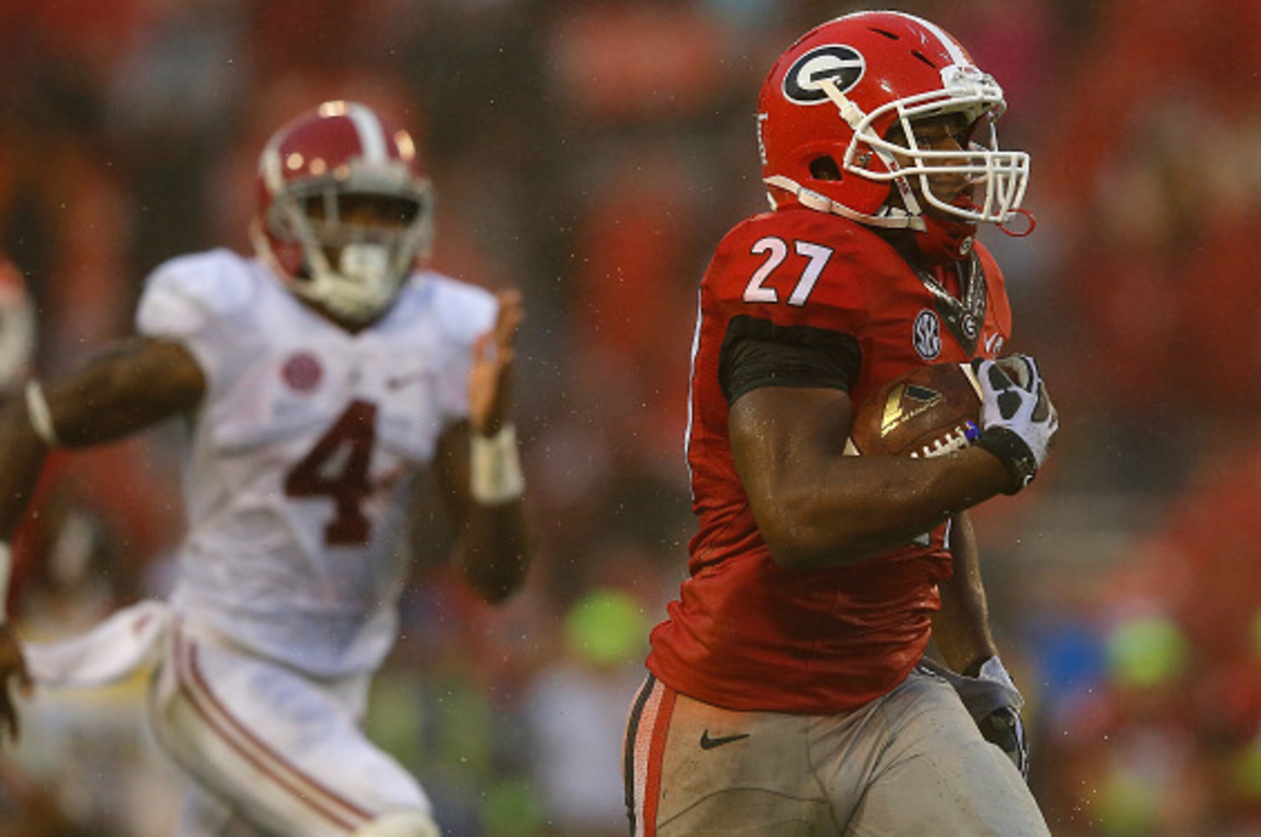 ATHENS, GA - OCTOBER 03: Nick Chubb #27 of the Georgia Bulldogs rushes for a touchdown against the Alabama Crimson Tide at Sanford Stadium on October 3, 2015 in Athens, Georgia. (Photo by Kevin C. Cox/Getty Images) ATHENS, GA - OCTOBER 03: Nick Chubb #27 of the Georgia Bulldogs rushes for a touchdown against the Alabama Crimson Tide at Sanford Stadium on October 3, 2015 in Athens, Georgia. (Photo by Kevin C. Cox/Getty Images)