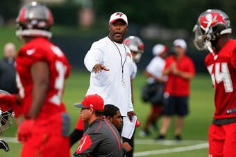 TAMPA, FL - AUGUST 1: Head Coach Lovie Smith of the Tampa Bay Buccaneers during his team's first day of Training Camp at the University of South Florida on August 1, 2015 in Tampa, Florida. (Photo by Don Juan Moore/Getty Images)