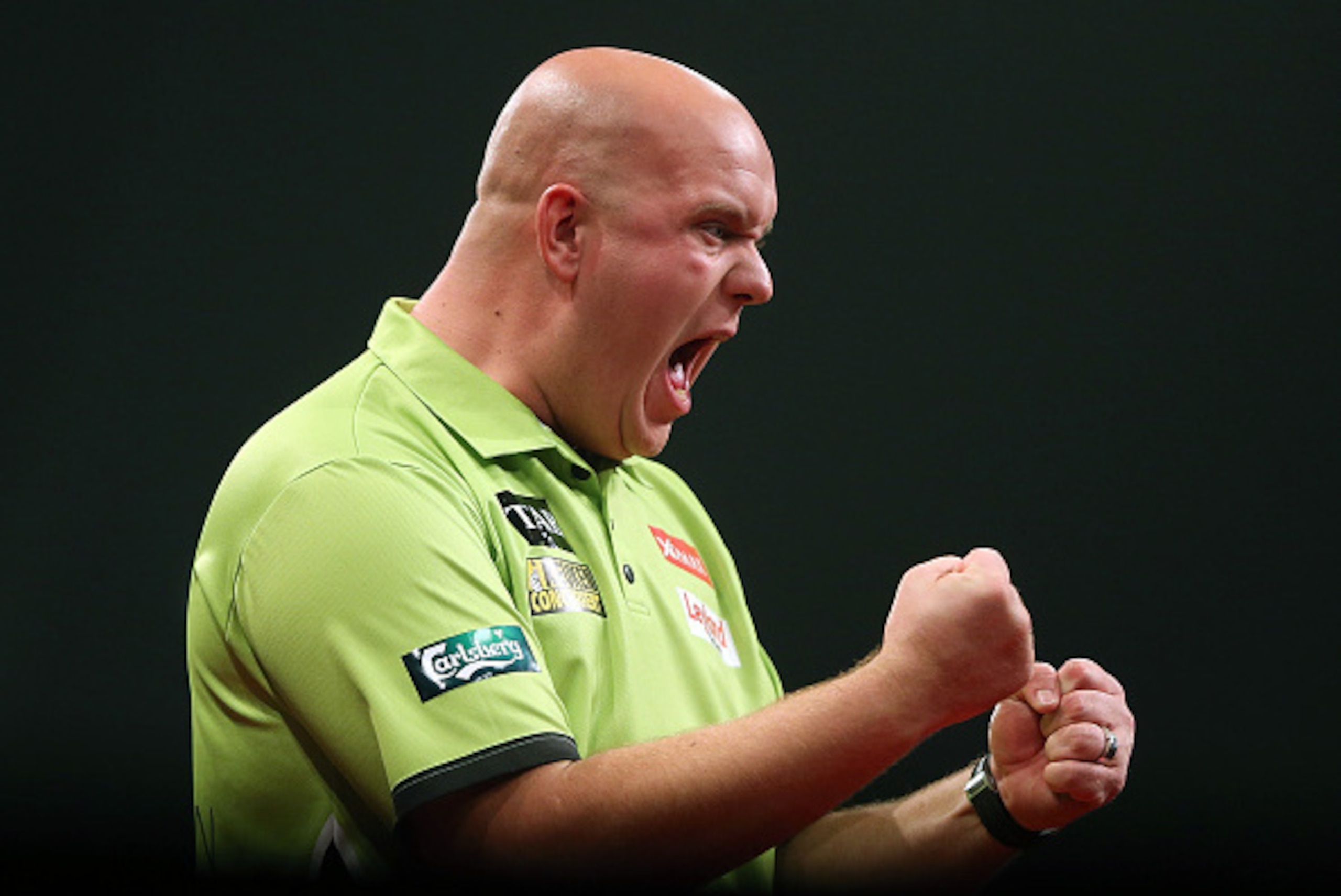 AUCKLAND, NEW ZEALAND - AUGUST 29: Michael Van Gerwen celebrates during the Auckland Darts Masters at The Trusts Arena on August 29, 2015 in Auckland, New Zealand.  (Photo by Michael Bradley/Getty Images)