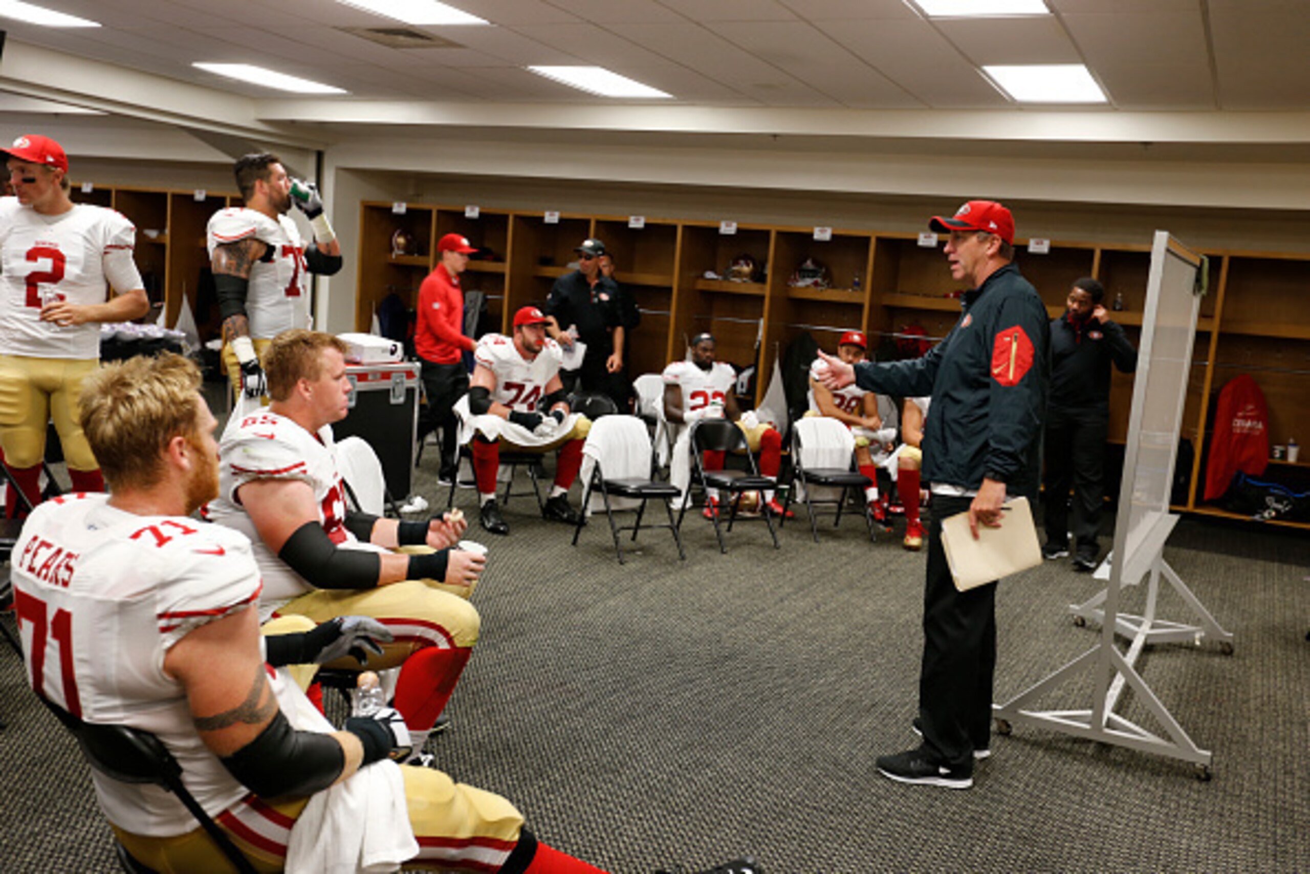 PITTSBURGH, PA - SEPTEMBER 20: Offensive Coordinator Geep Chryst of the San Francisco 49ers addresses the team in the locker room during halftime of the game against Pittsburgh Steelers at Heinz Field on September 20, 2015 in Pittsburgh, Pennsylvania. The